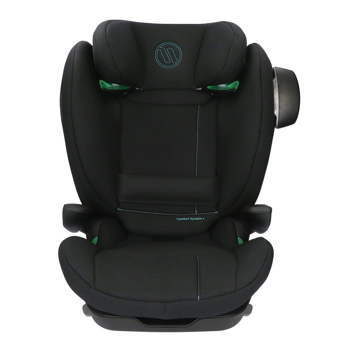 Rehausseur Avionaut MaxSpace Smart noir vu de face, avec son appui-tête et son dossier large.