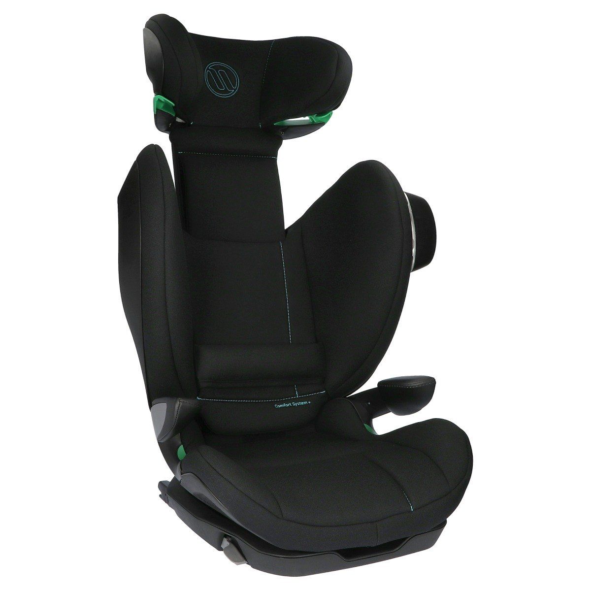 Rehausseur Avionaut MaxSpace Smart noir, appui-tête relevé en position haute, vu de trois quarts.