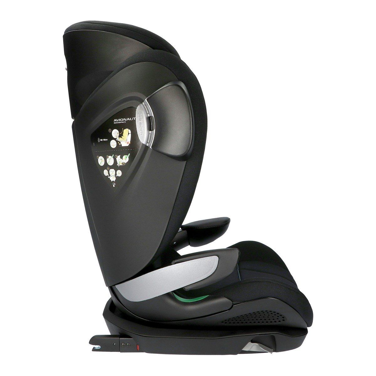 Rehausseur Avionaut MaxSpace Smart noir vu de profil, avec les connecteurs ISOFIX sous l'assise.