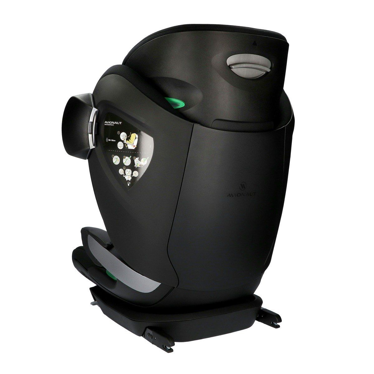 Rehausseur Avionaut MaxSpace Smart noir vu de trois quarts arrière, avec la coque du dossier et les connecteurs ISOFIX.