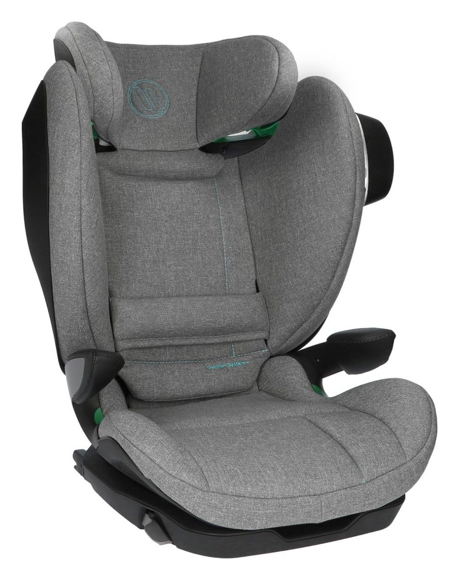 Rehausseur Avionaut MaxSpace Smart gris vu de trois quarts, avec son appui-tête et ses côtés enveloppants, sur fond blanc.