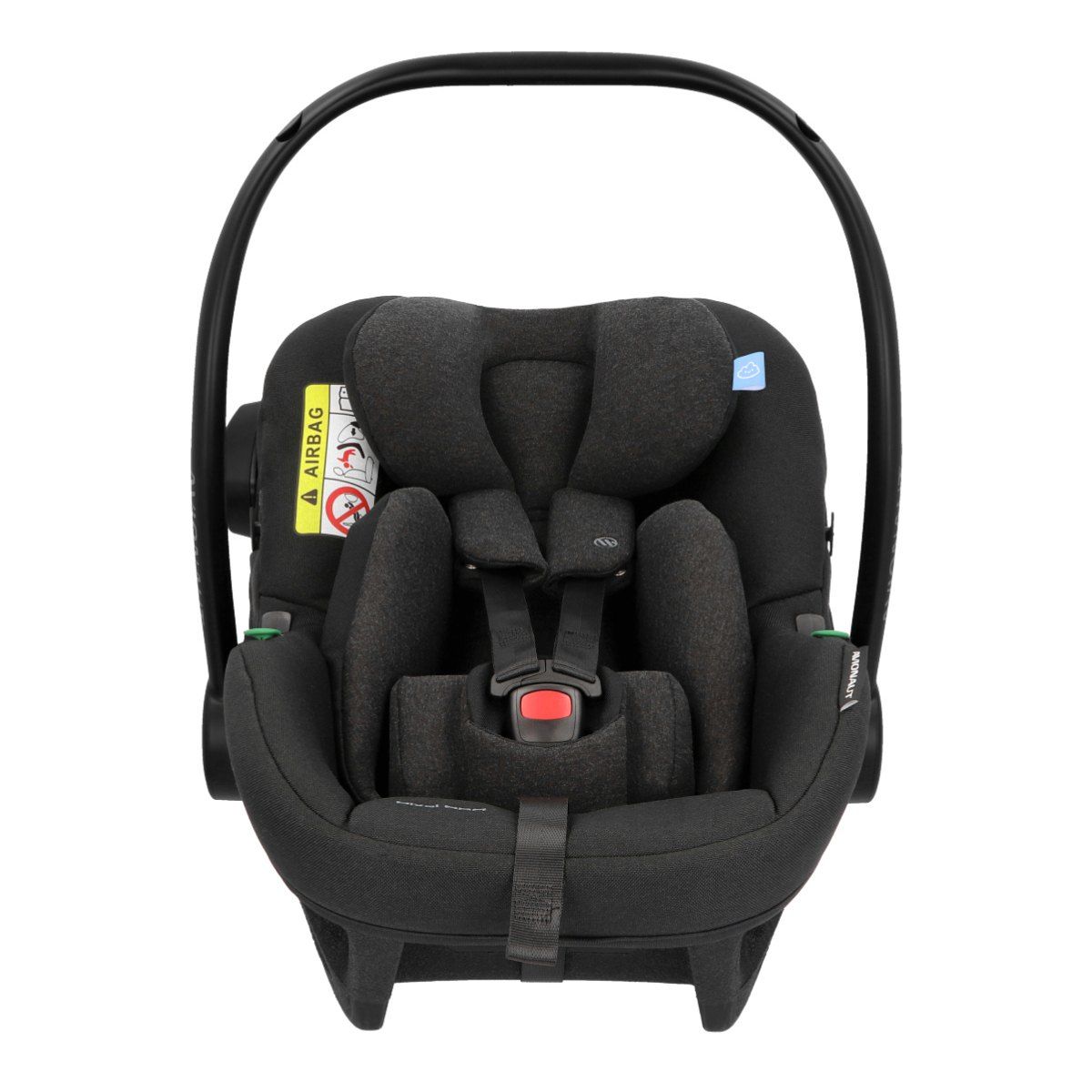 Coque bébé Avionaut Pixel Pro 2.0 C noire vue de face, avec son harnais et son coussin pour nouveau-né.