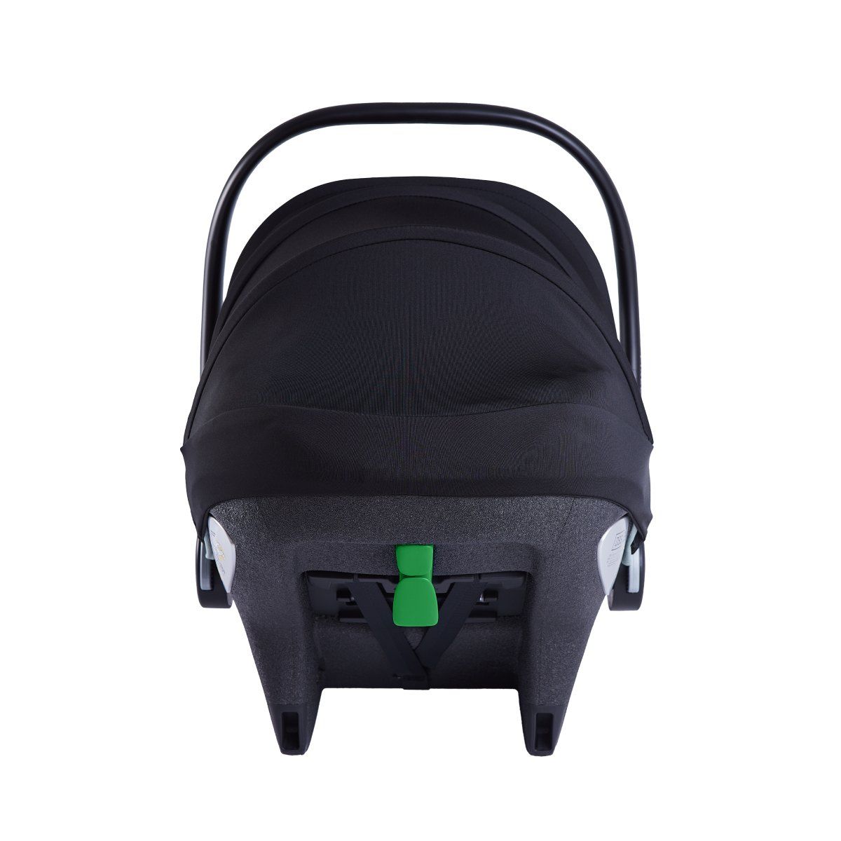Coque bébé Avionaut Pixel Pro 2.0 C vue de l'arrière, capote fermée, avec le levier vert de la fixation sous la coque.