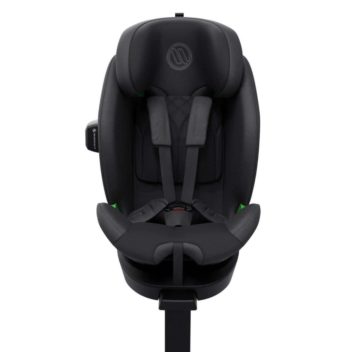 Siège auto Avionaut Stardust noir vu de face, avec son harnais et son appui-tête.
