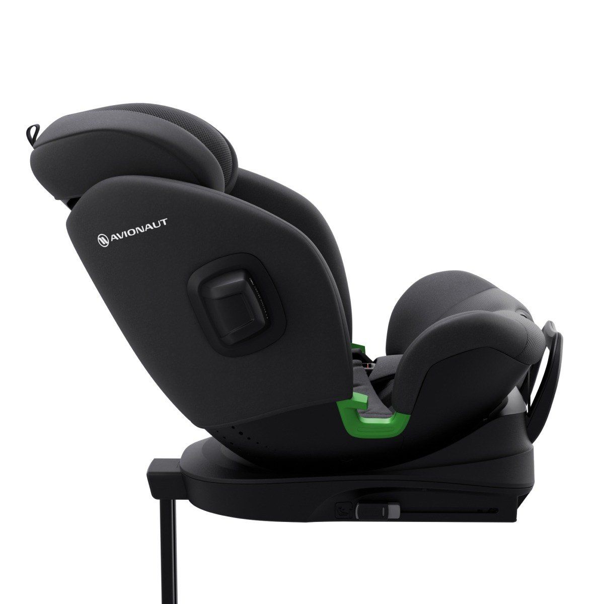 Siège auto Avionaut Stardust noir vu de profil, sur sa base avec jambe de force.