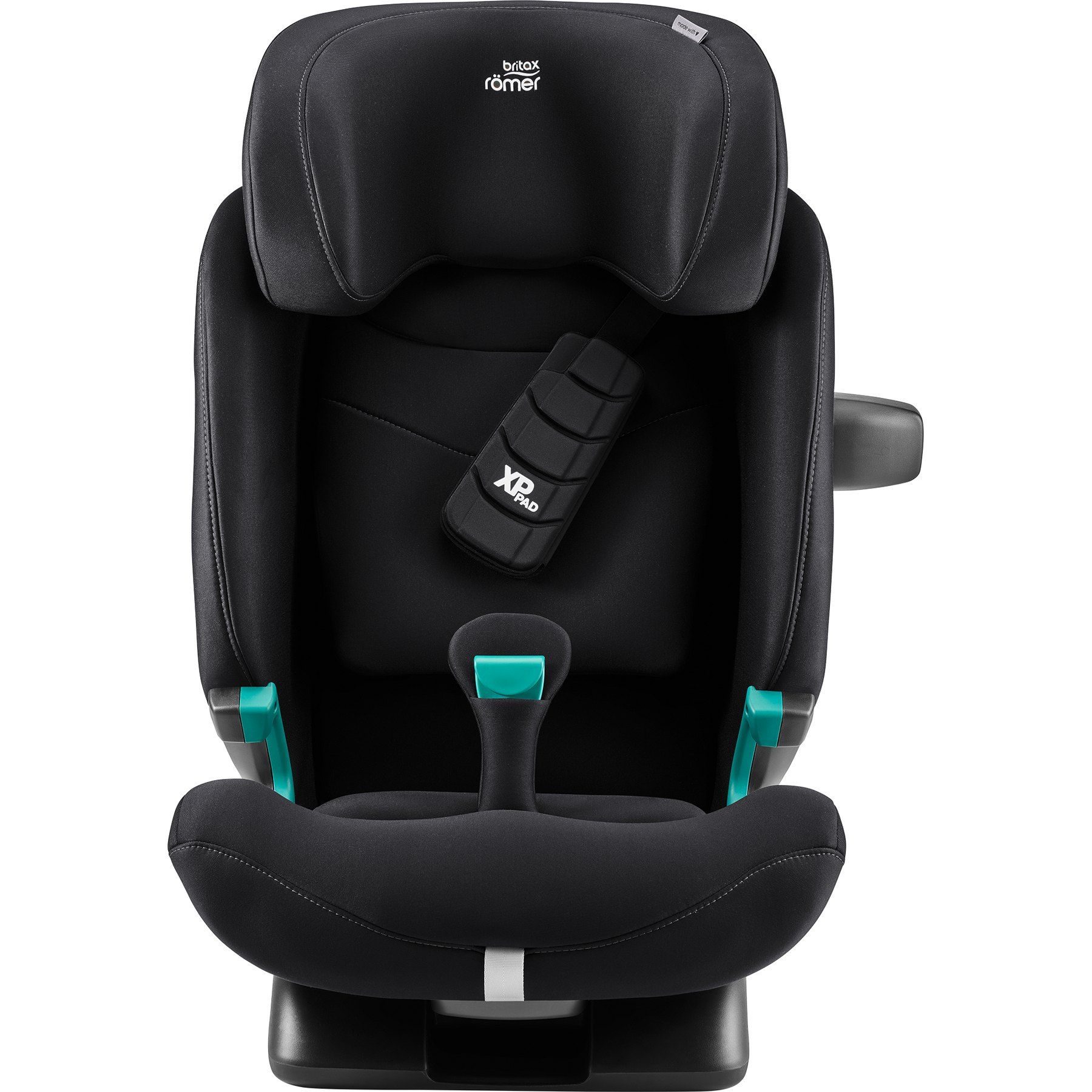 Le Advansafix Pro vu de face, la ceinture de la voiture passée dans un coussin d'épaule noir