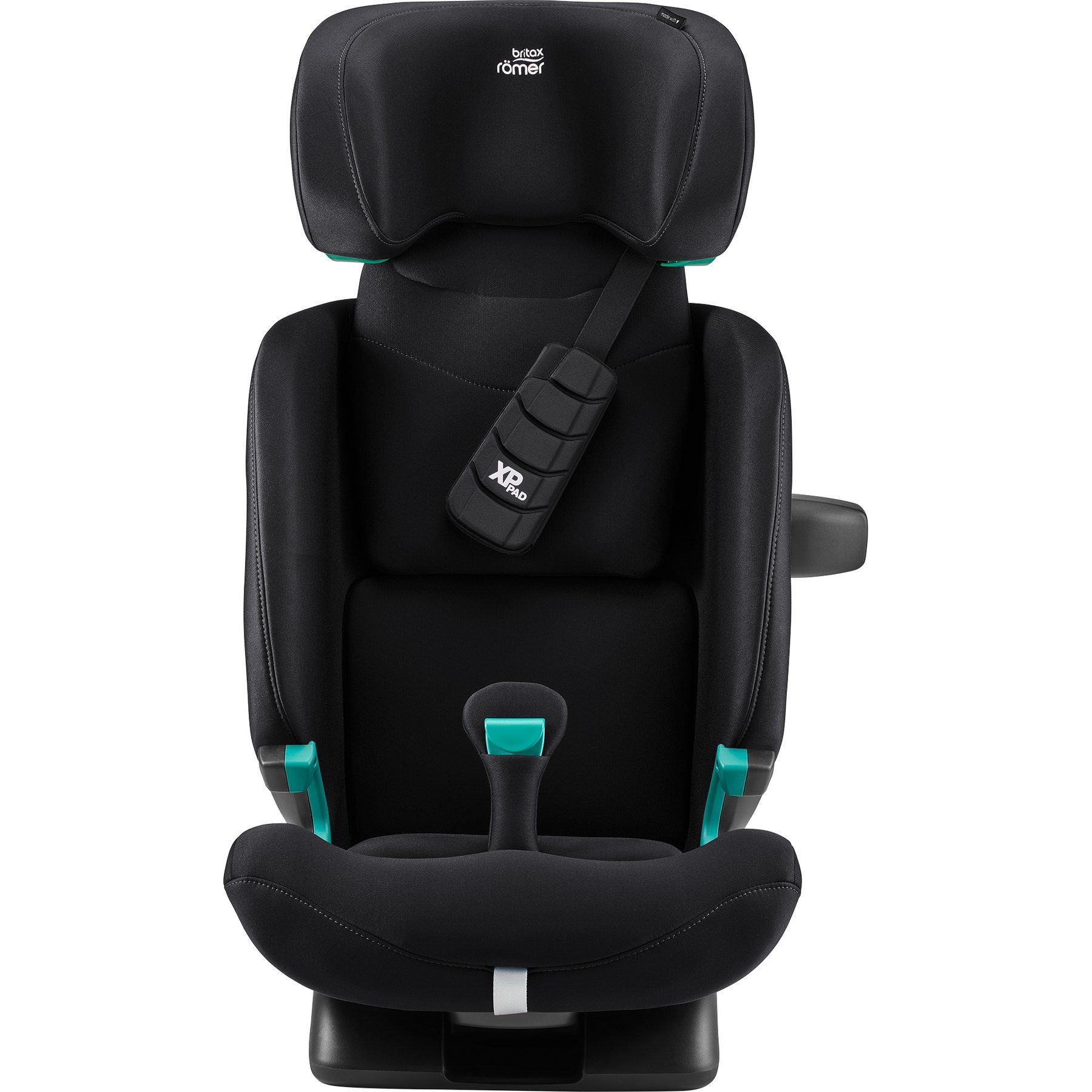 Le Advansafix Pro vu de face, l'appui-tête relevé et la ceinture de la voiture passée dans le guide vert