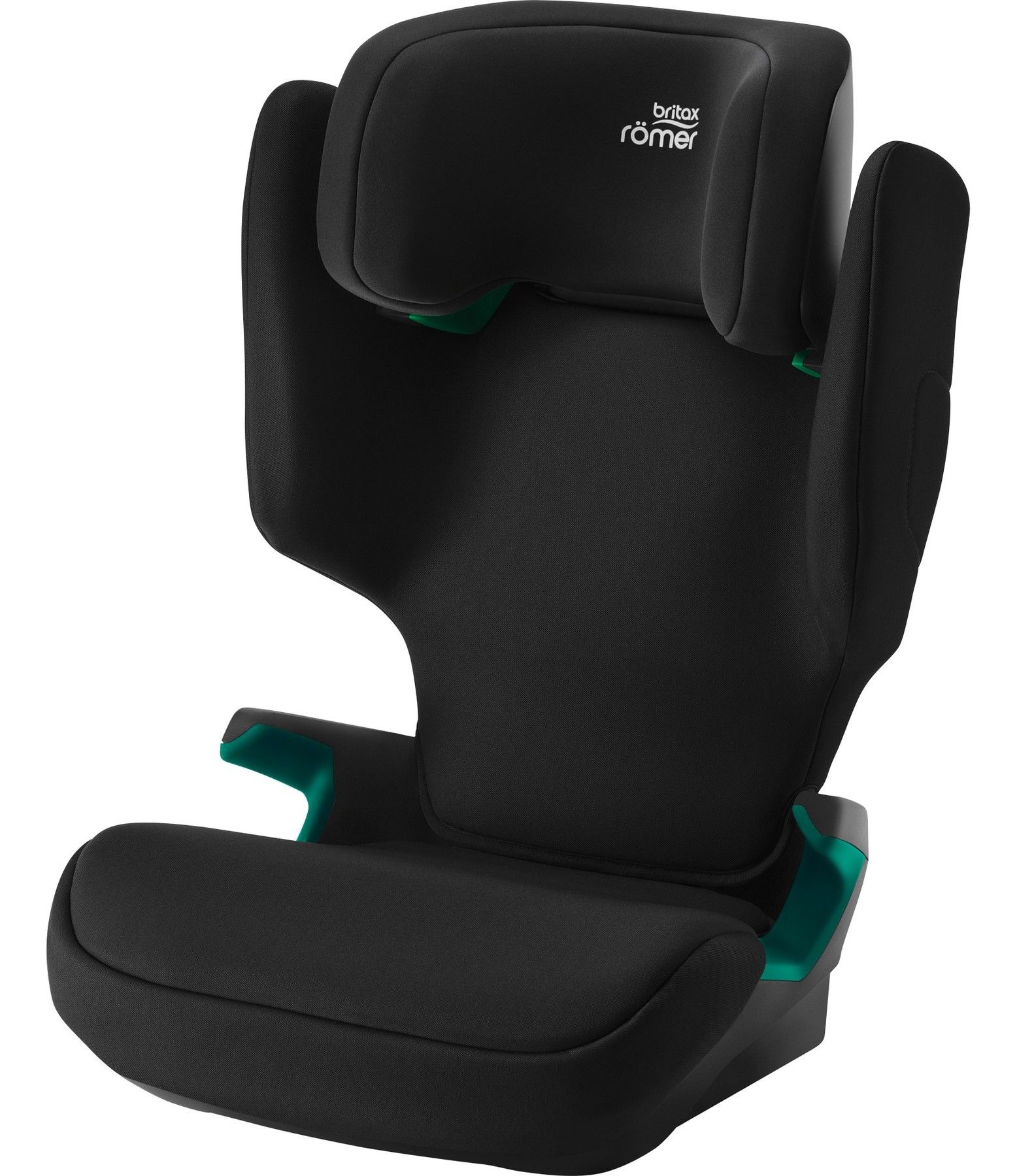 Le rehausseur Adventure Plus 2 vu de trois quarts, avec son dossier et son appui-tête