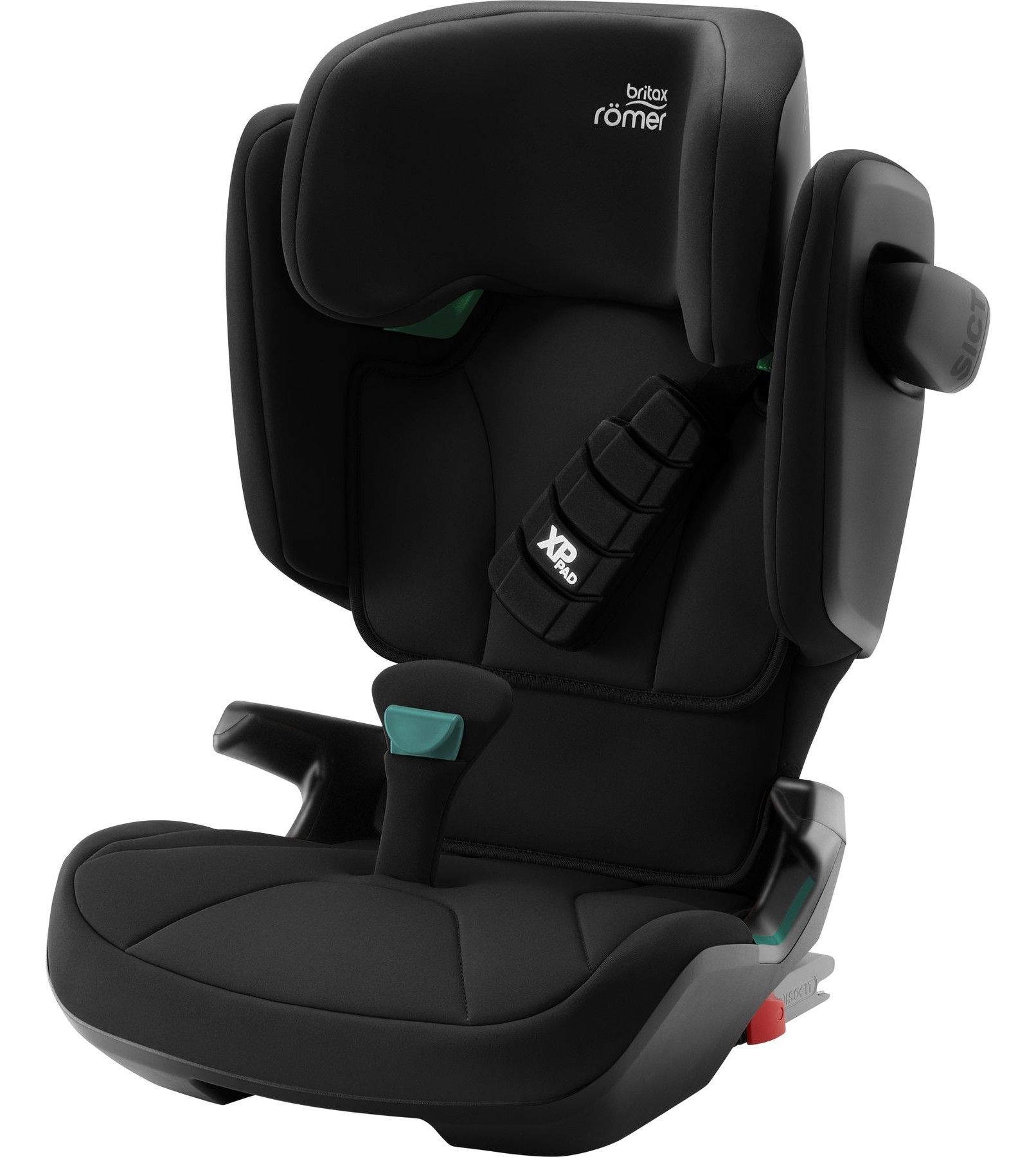 Le rehausseur Kidfix i-Size vu de trois quarts, avec son coussin d'épaule pour la ceinture