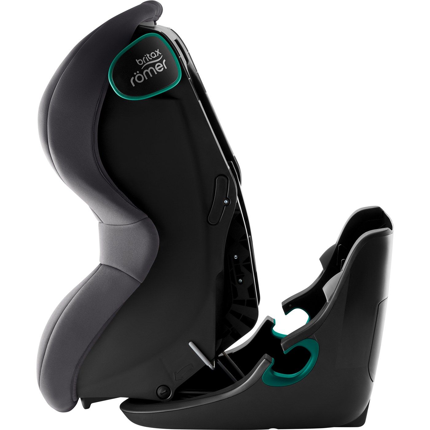 Le King Pro vu de profil, coque relevée au-dessus de son socle pour passer la ceinture de la voiture