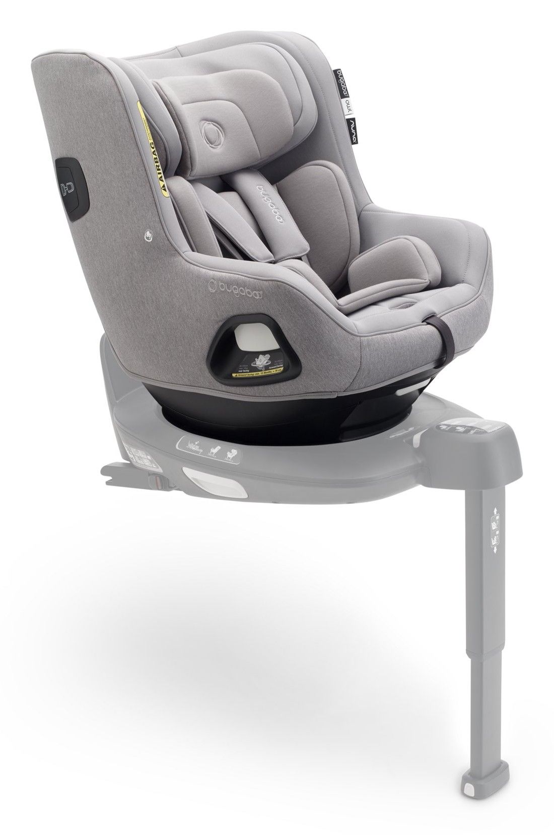 Siège auto pivotant Bugaboo Owl by Nuna, coloris gris, vu de trois quarts sur sa base