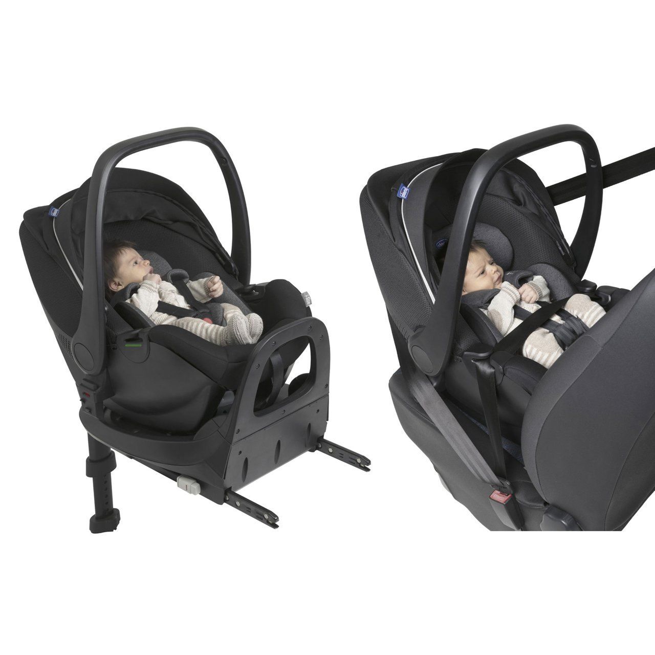 Deux vues du siège Chicco Kory Plus Air avec un bébé, posé sur sa base à jambe de force et installé dans une voiture avec la ceinture.