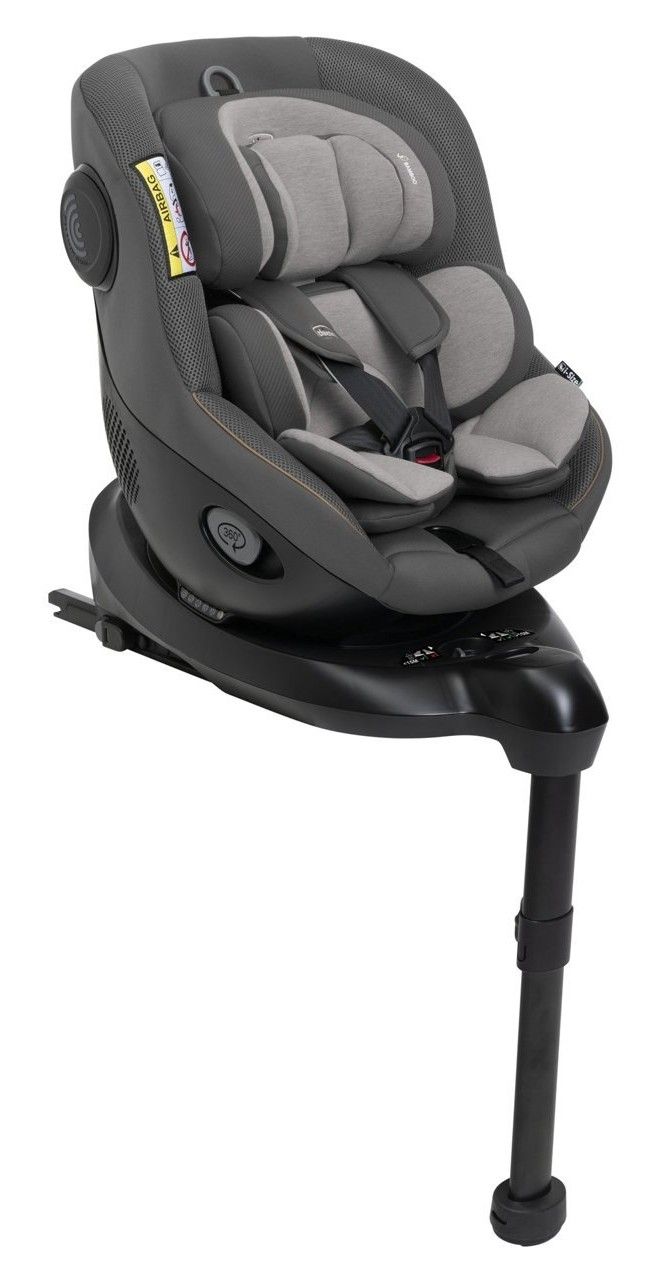 Siège auto Chicco Seat105 i-Size gris vu de trois quarts, avec sa jambe de force.
