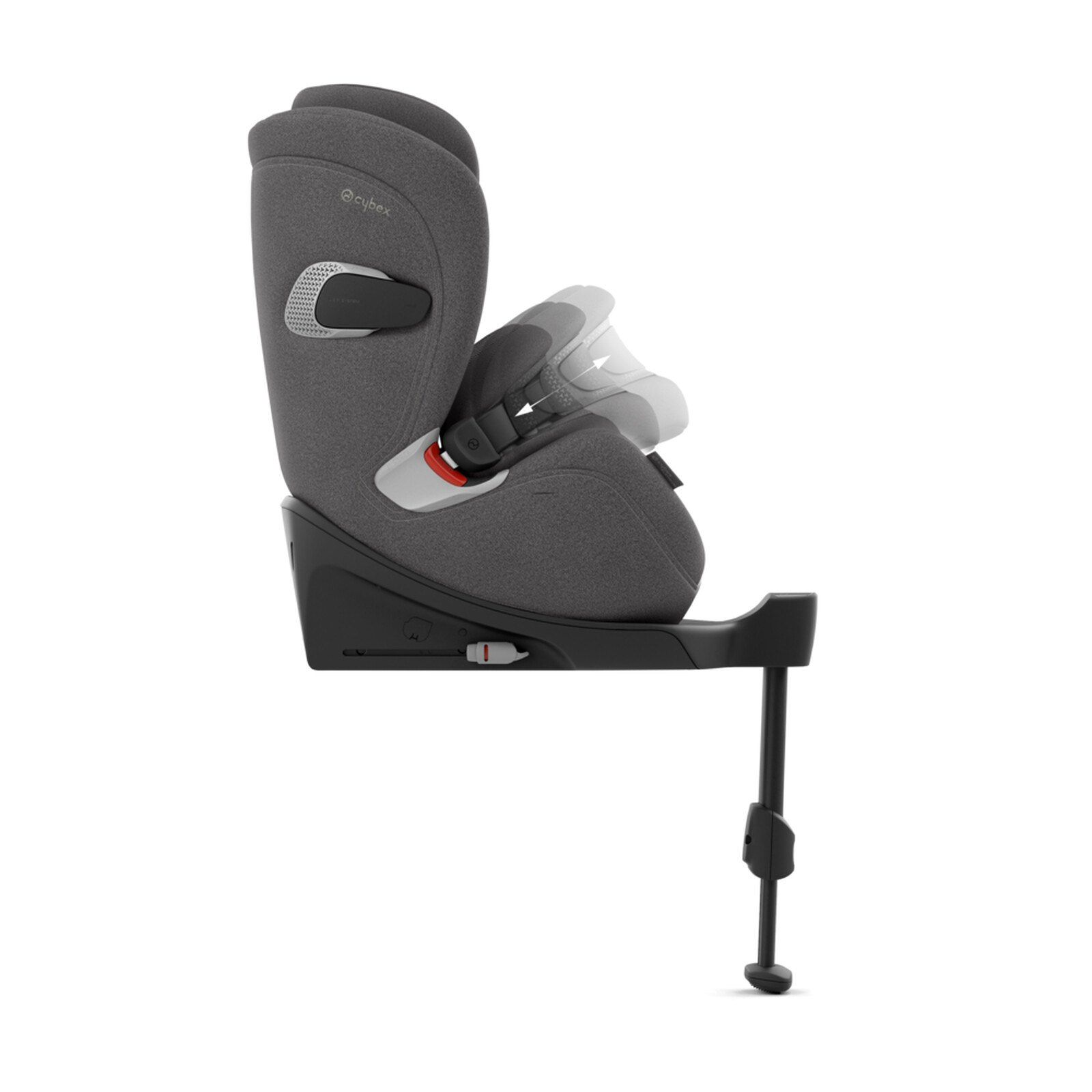 Siège Cybex Anoris T2 i-Size vu de profil, avec le bouclier d'impact montré en deux positions superposées.