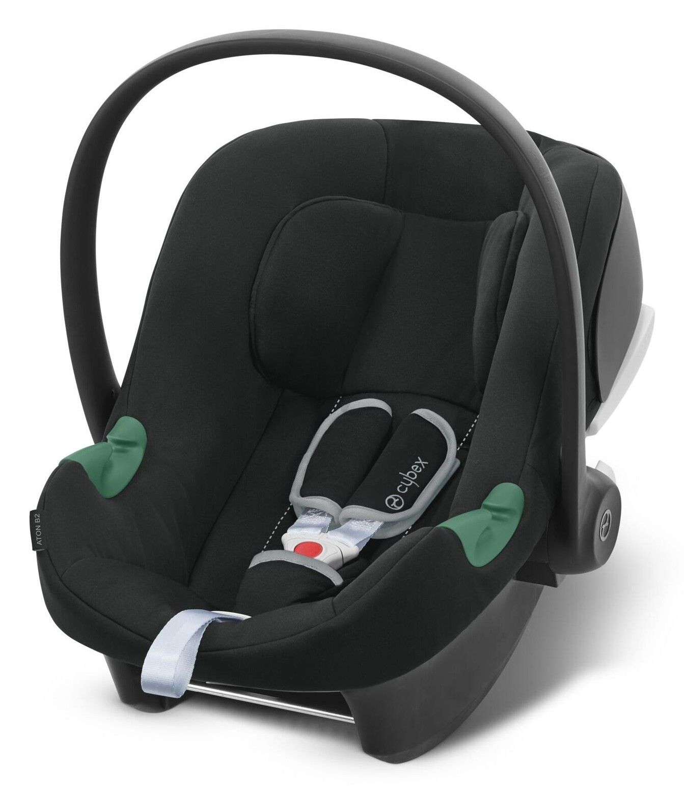 Coque bébé Cybex Aton B2 i-Size vue de trois quarts, avec sa poignée relevée, sur fond blanc.