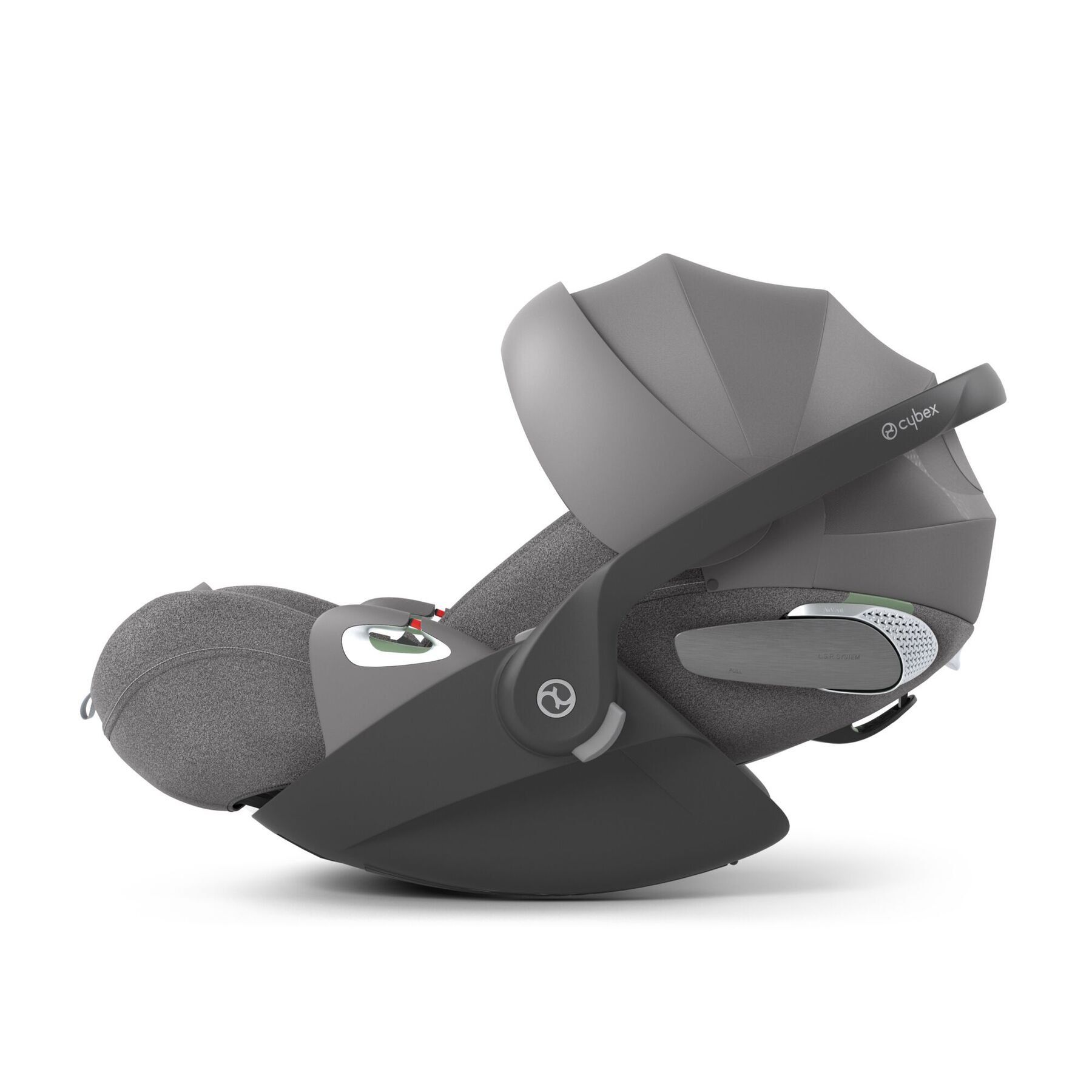 Coque Cybex Cloud T i-Size vue de profil en position allongée, capote déployée.