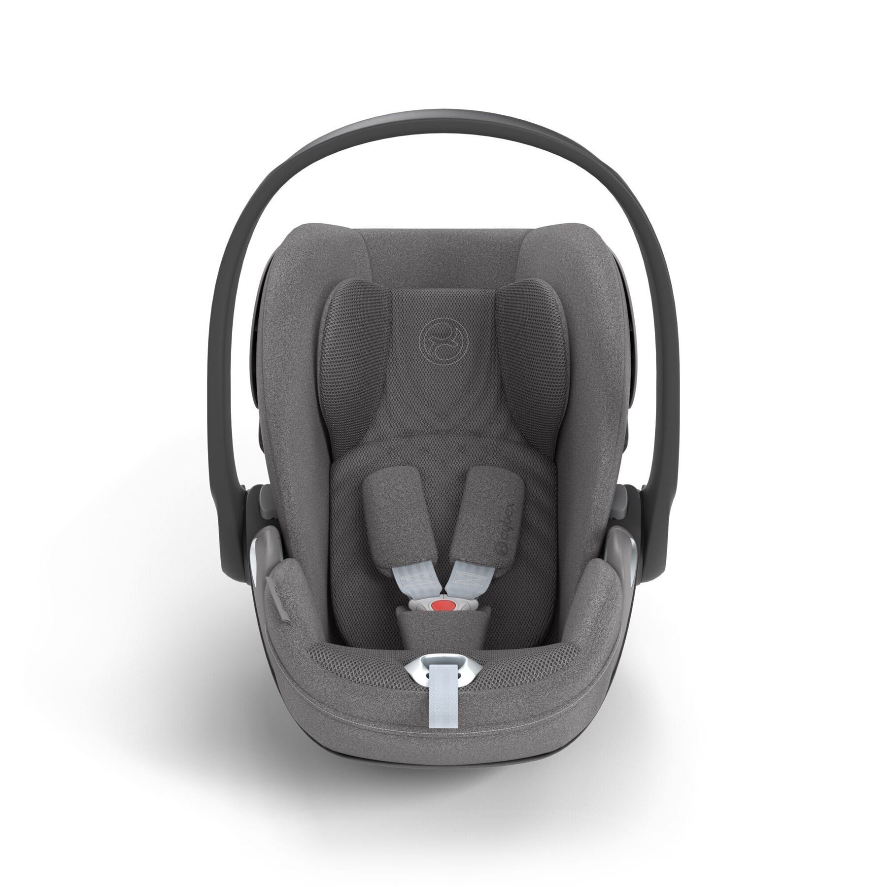 Intérieur de la coque Cybex Cloud T i-Size vu de face, avec son harnais et sa boucle.