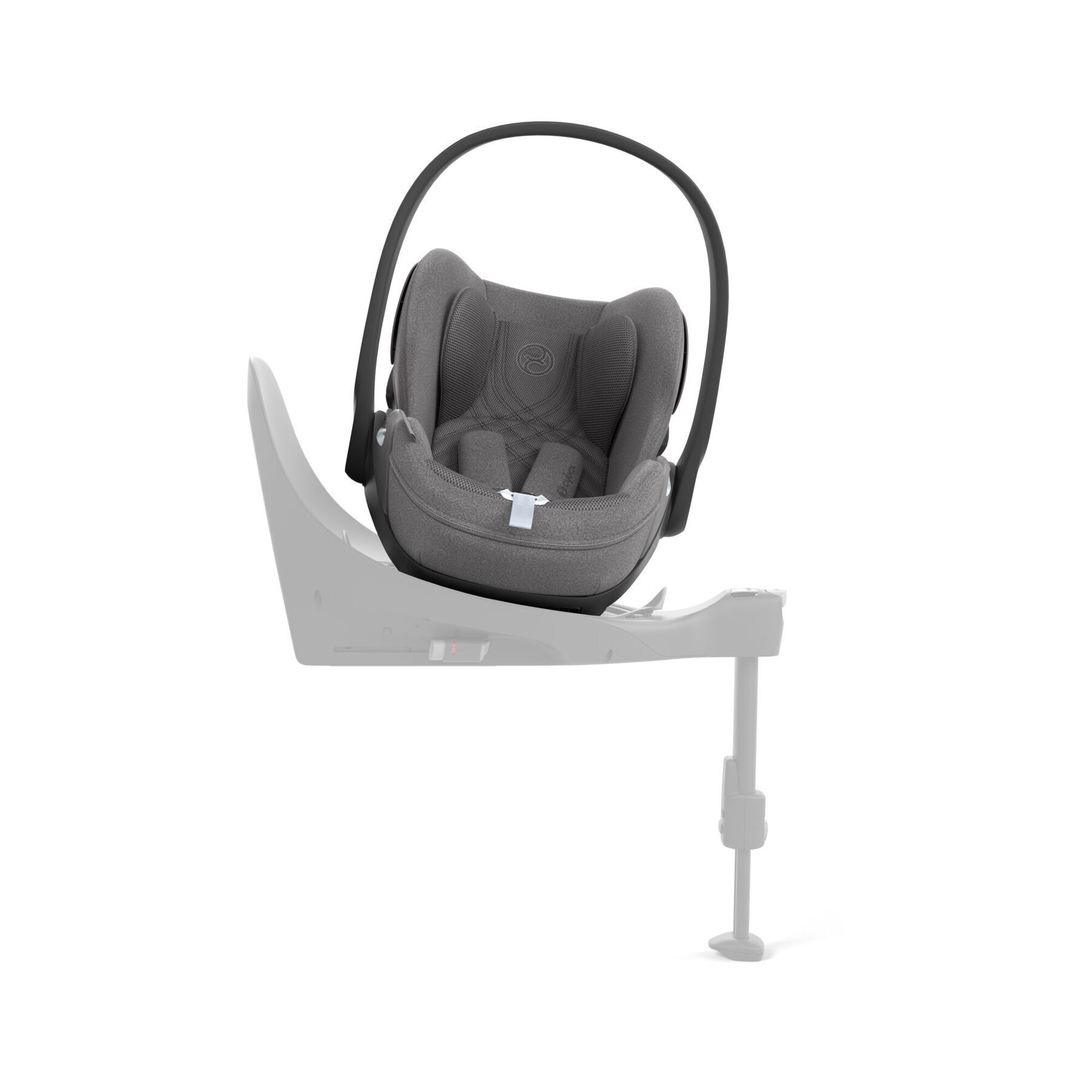 Coque Cybex Cloud T i-Size posée sur sa base avec jambe de force, vue de profil.