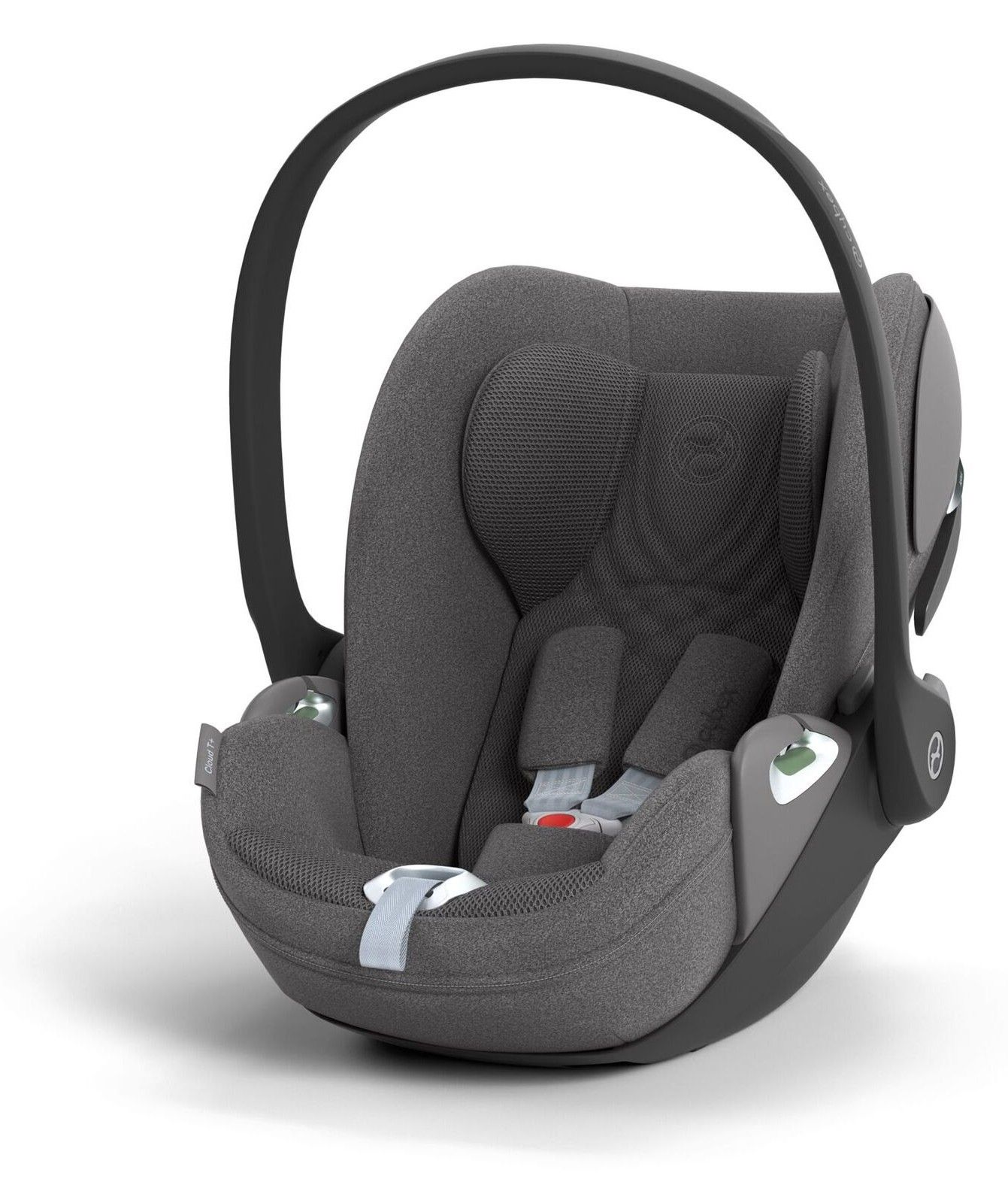 Coque bébé Cybex Cloud T i-Size vue de trois quarts, avec sa poignée relevée, sur fond blanc.