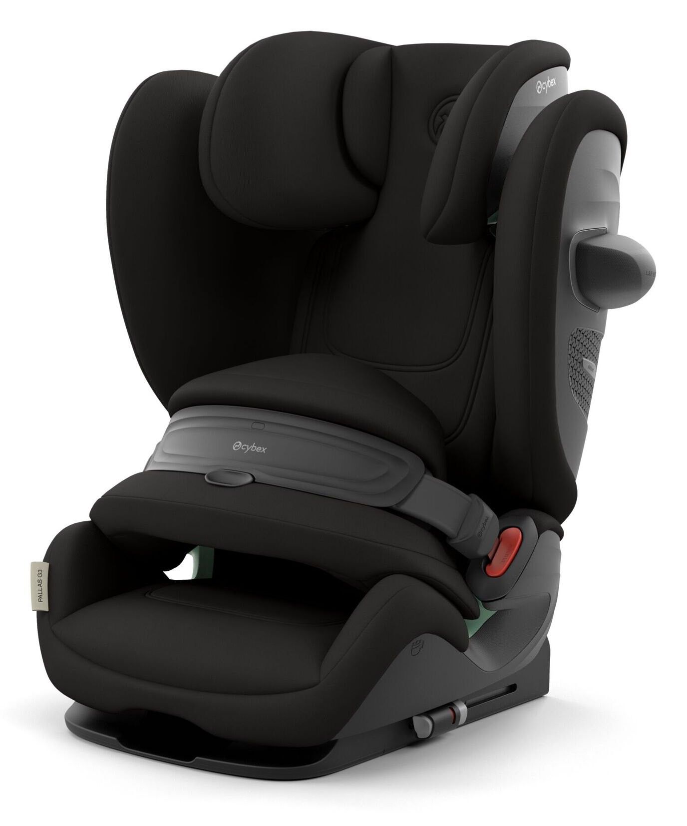 Siège auto à bouclier Cybex Pallas G3 vu de trois quarts, noir, sur fond blanc.