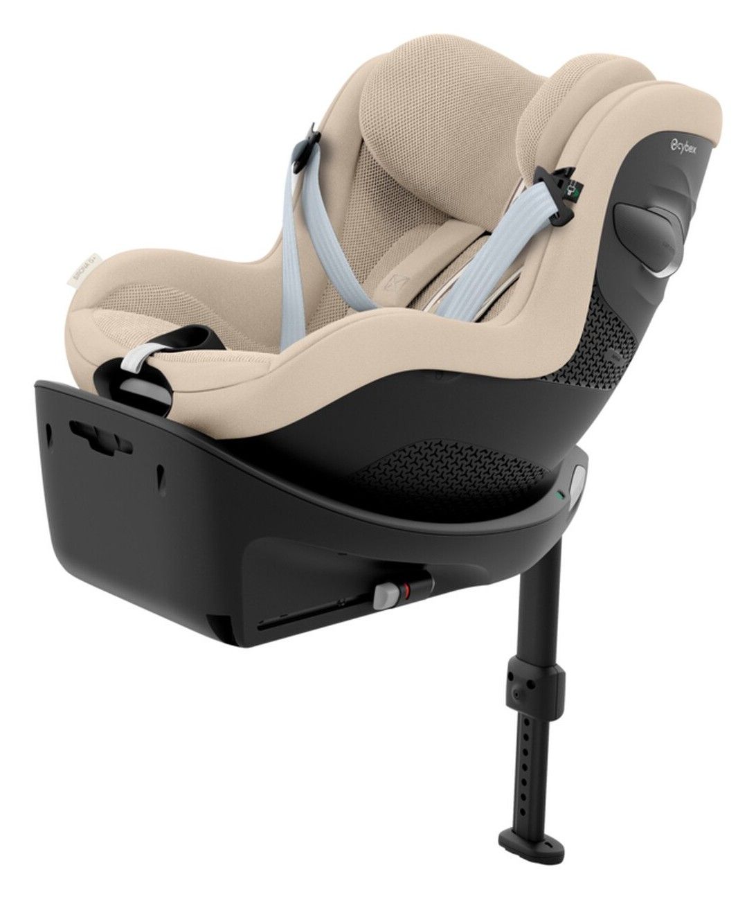 Siège auto pivotant Cybex Sirona G i-Size vu de trois quarts sur sa base avec jambe de force, sur fond blanc.