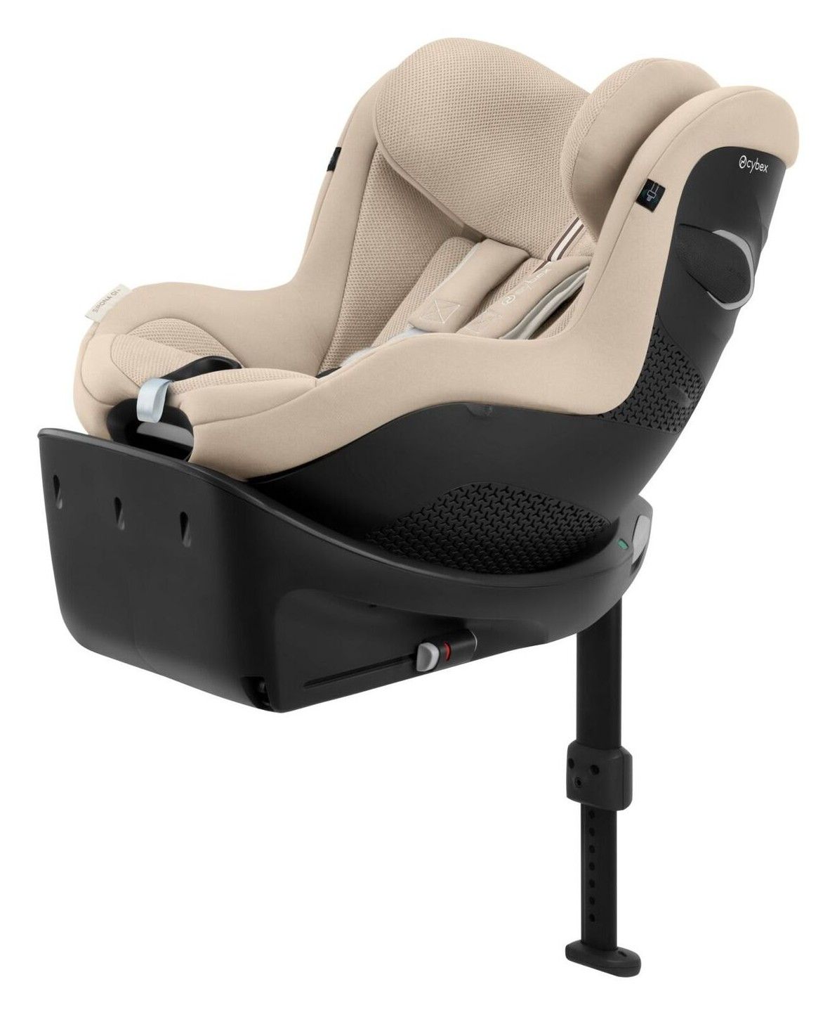 Siège auto pivotant Cybex Sirona Gi i-Size vu de trois quarts sur sa base avec jambe de force, sur fond blanc.