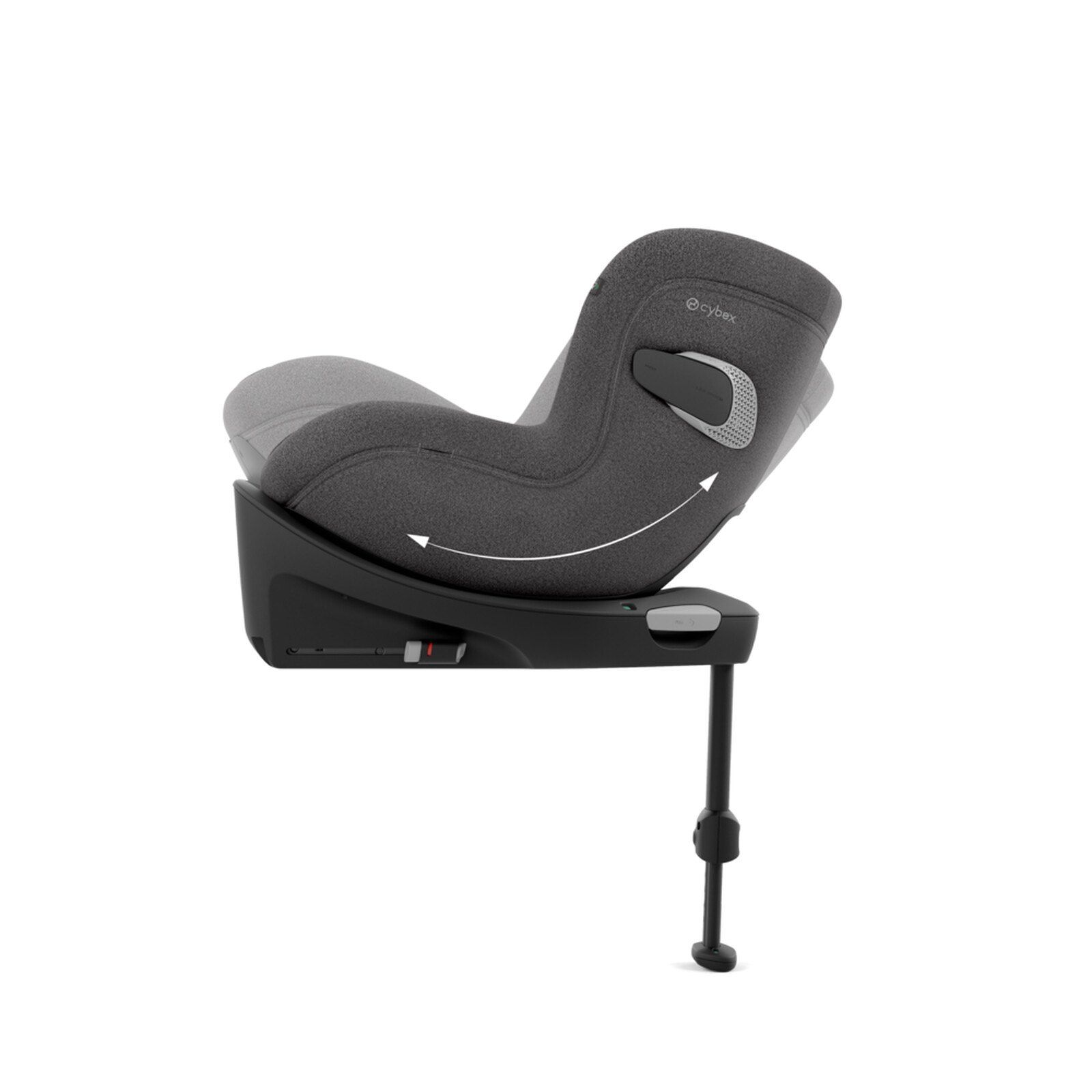 Siège Cybex Sirona Ti vu de profil, avec une flèche qui montre le dossier qui s'incline.