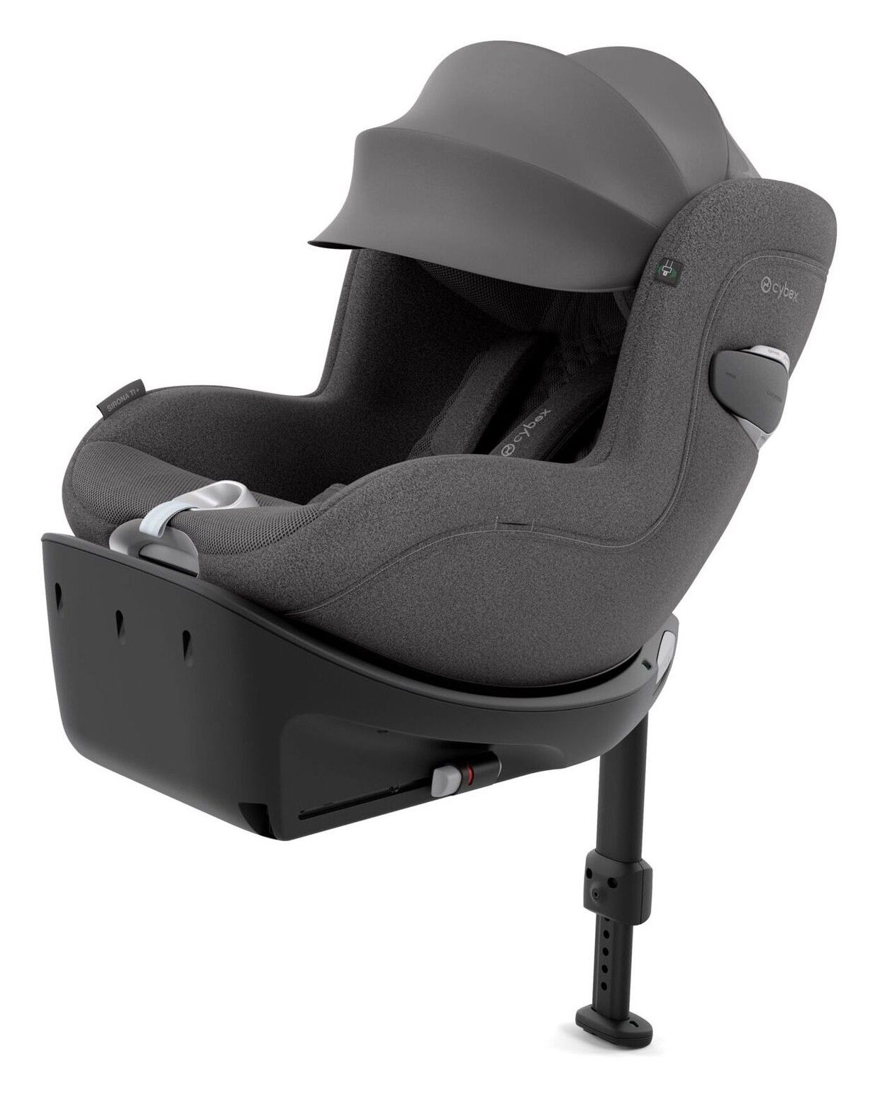 Siège auto pivotant Cybex Sirona Ti vu de trois quarts sur sa base, capote pare-soleil déployée, sur fond blanc.