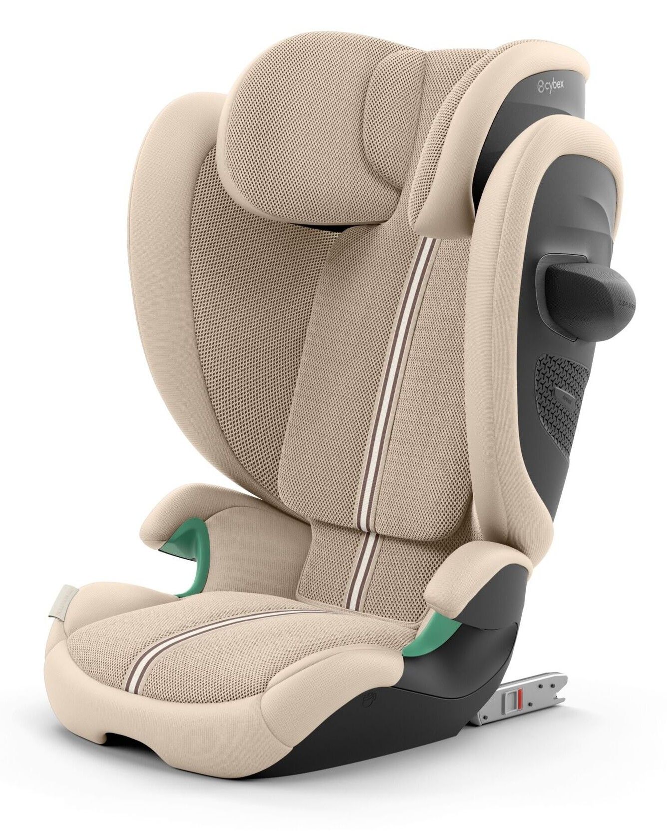 Rehausseur avec dossier Cybex Solution G2 vu de trois quarts, avec son appui-tête et ses ancrages ISOFIX, sur fond blanc.