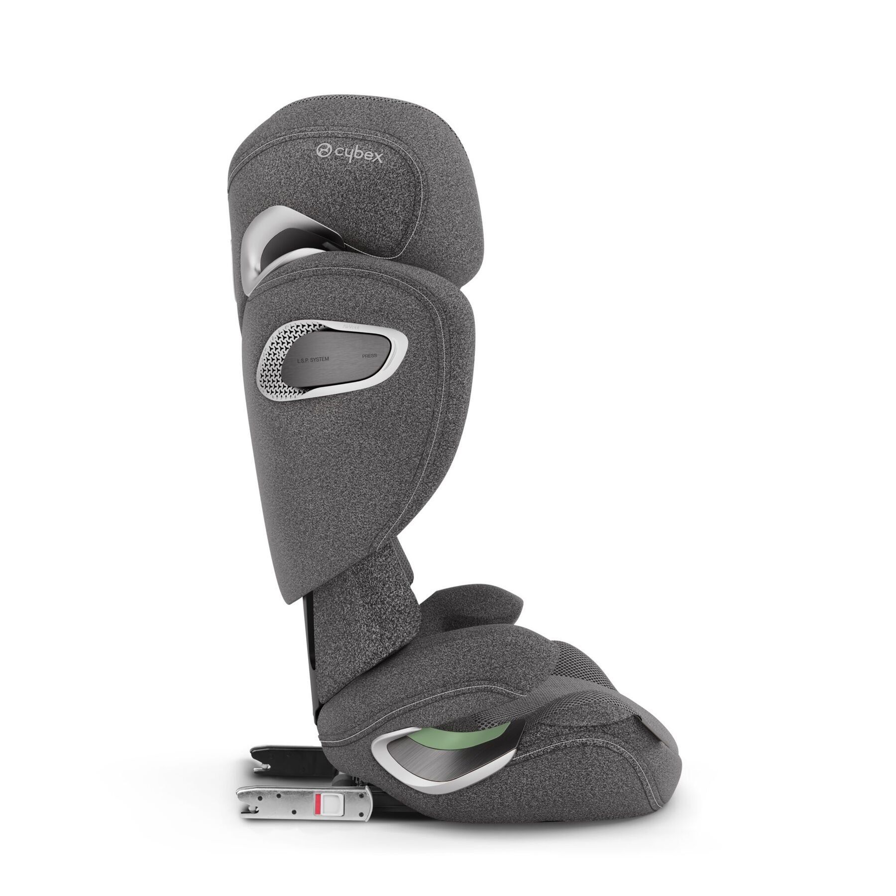 Rehausseur Cybex Solution T i-Fix vu de profil, avec le dossier haut et l'appui-tête relevé.