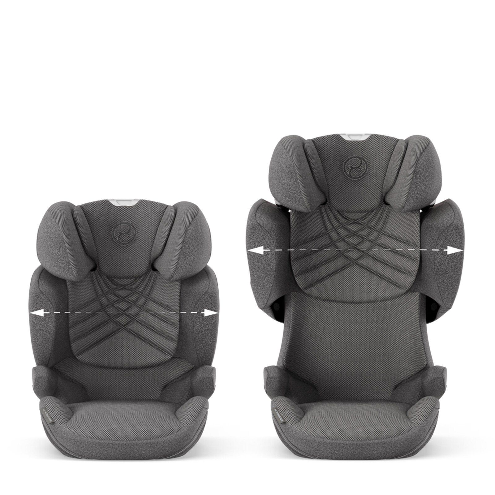 Deux vues de face du rehausseur Cybex Solution T i-Fix, avec des flèches qui montrent le réglage en largeur de l'appui-tête.