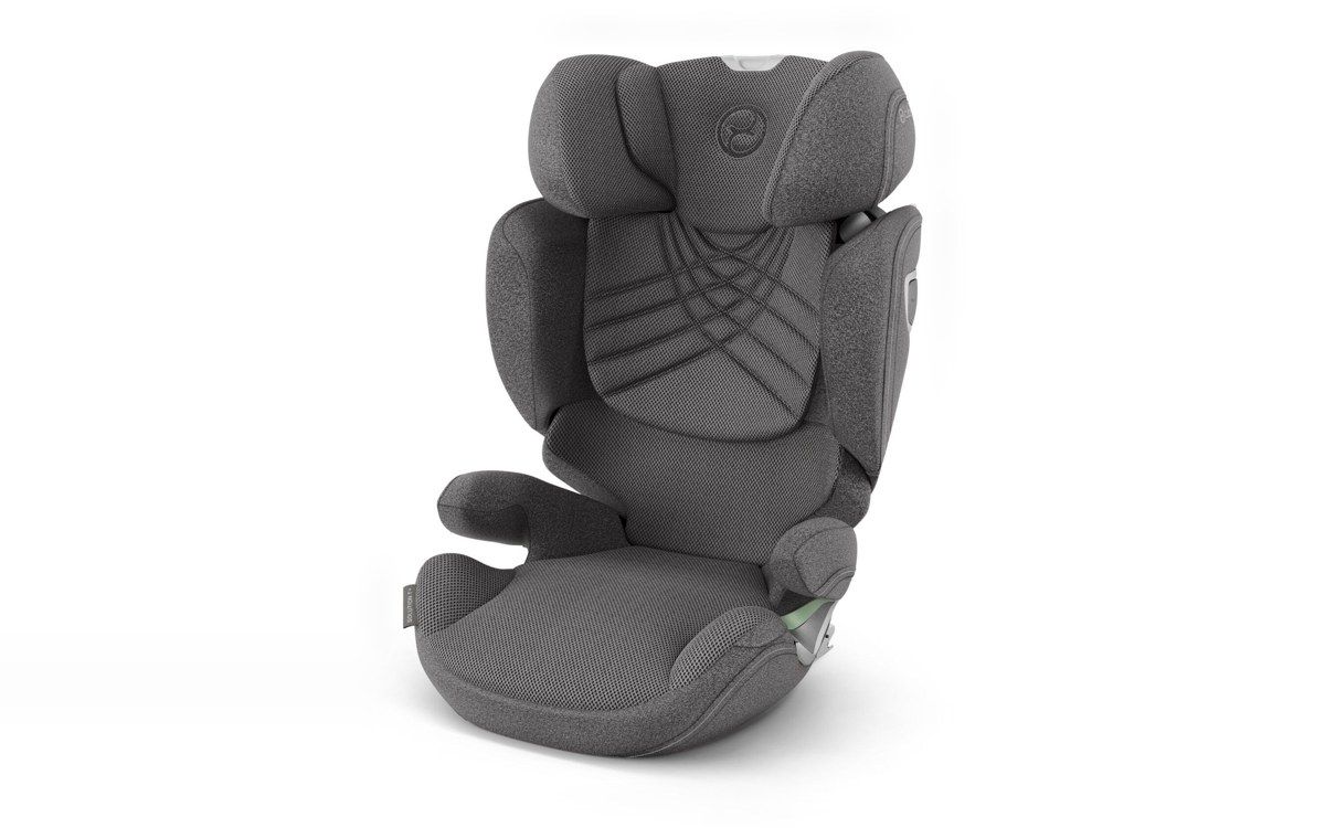 Rehausseur avec dossier Cybex Solution T i-Fix vu de trois quarts, en tissu gris, sur fond blanc.