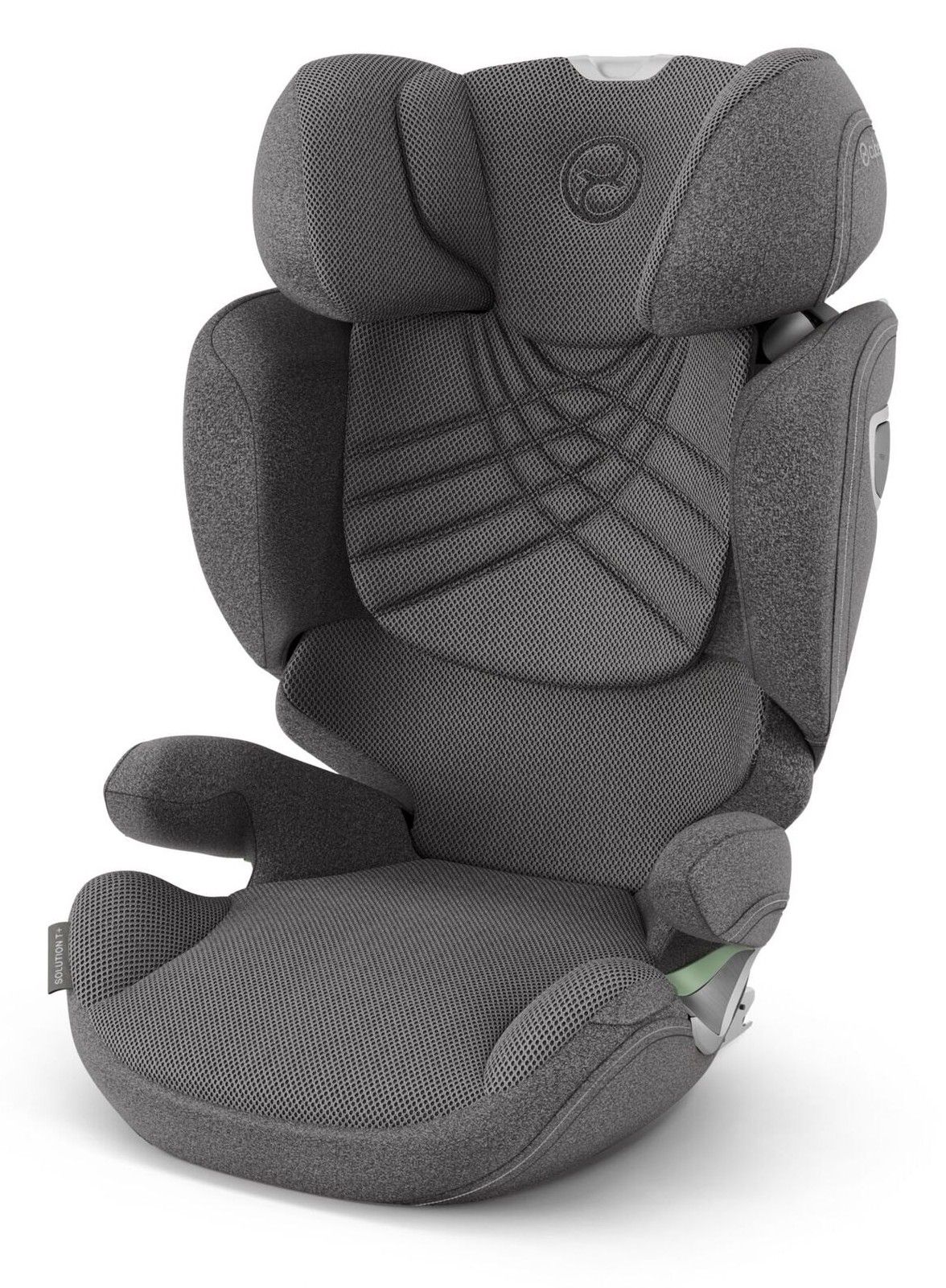 Rehausseur avec dossier Cybex Solution T i-Fix vu de trois quarts, en tissu gris, sur fond blanc.