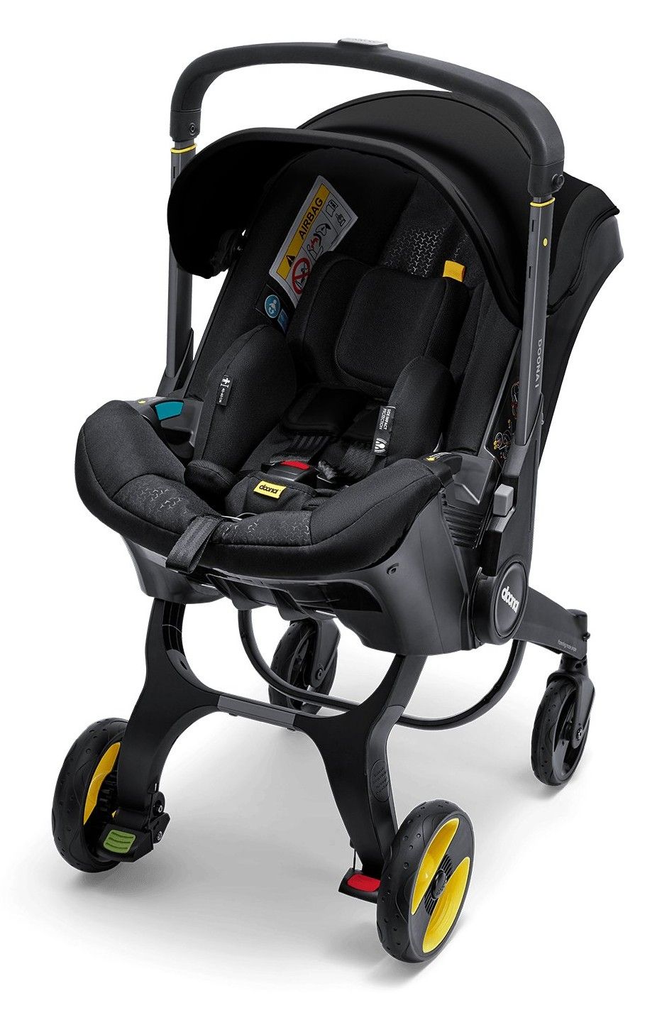 Doona i, coloris noir, vu de trois quarts sur son châssis à roues