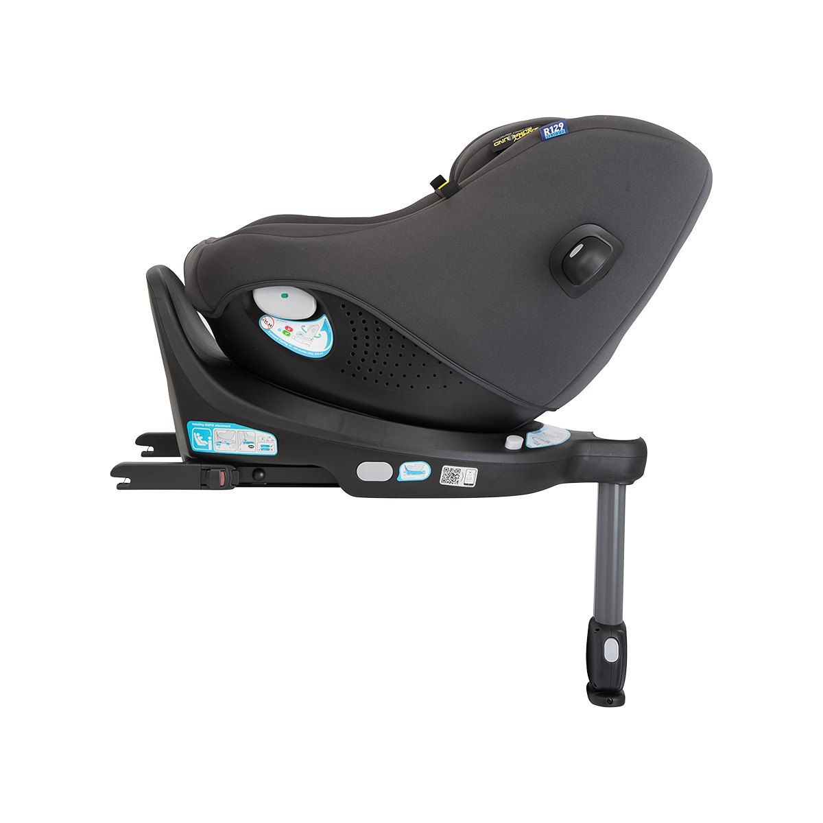 Siège Turn2Me DLX vu de profil, dos à la route, sur sa base ISOFIX avec jambe de force