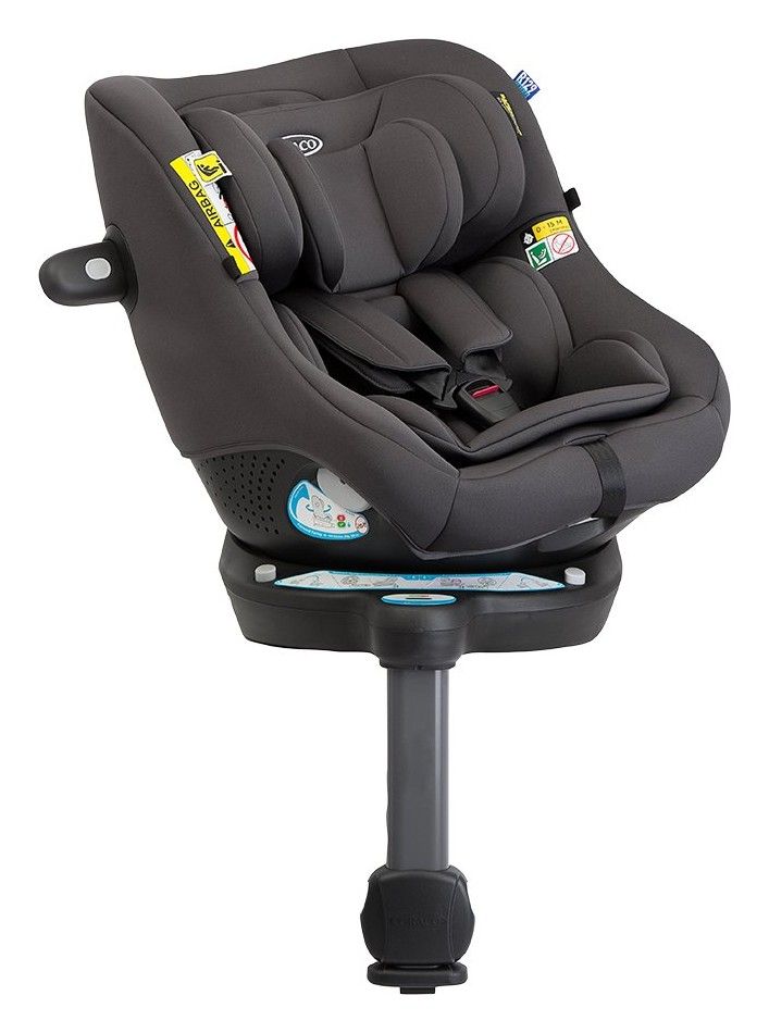 Siège auto pivotant Graco Turn2Me DLX i-Size gris foncé vu de trois quarts, sur sa base avec jambe de force