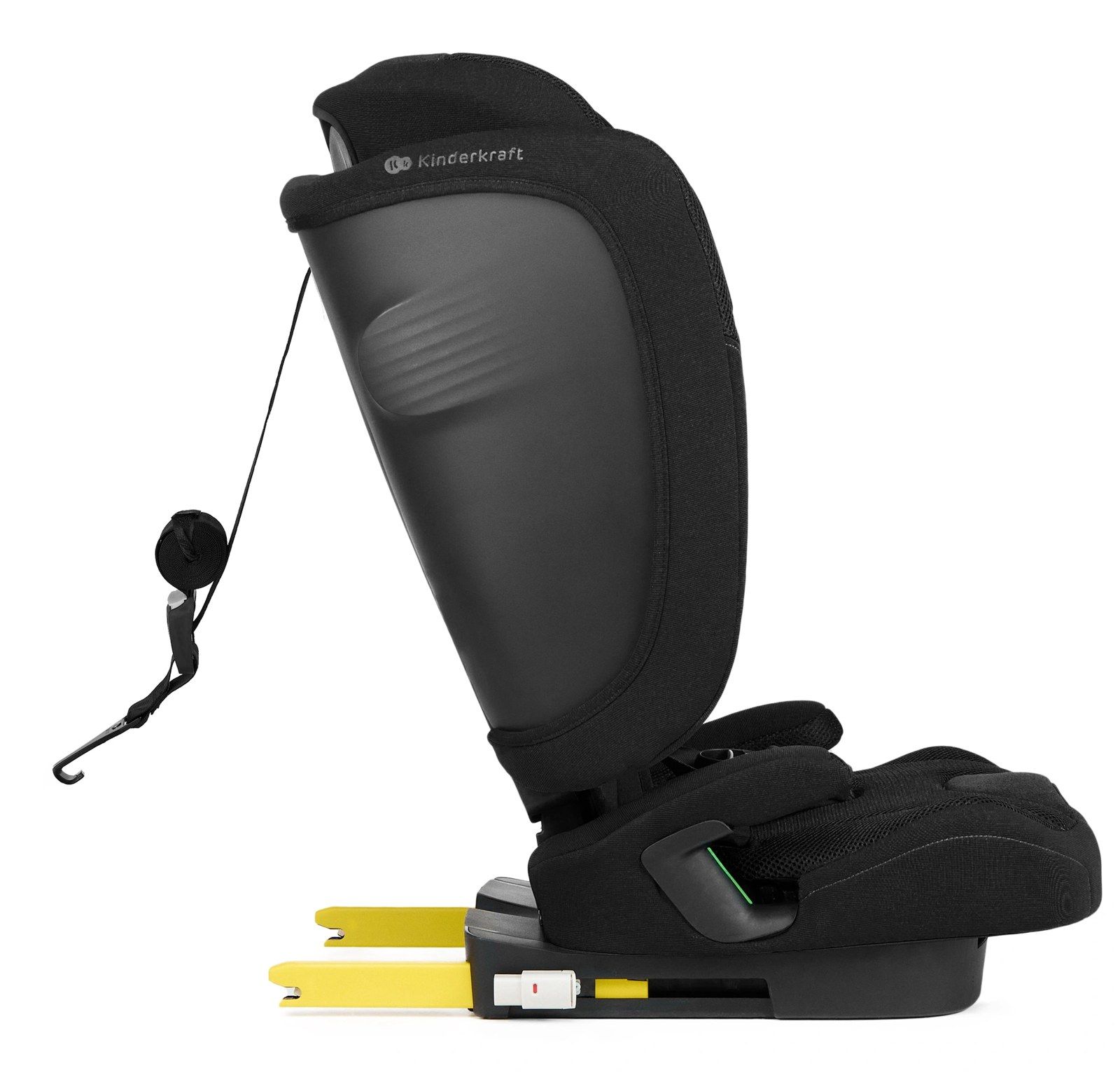 Rehausseur Kinderkraft vu de profil, sangle top tether déployée derrière le dossier et connecteurs ISOFIX jaunes sortis sous l'assise