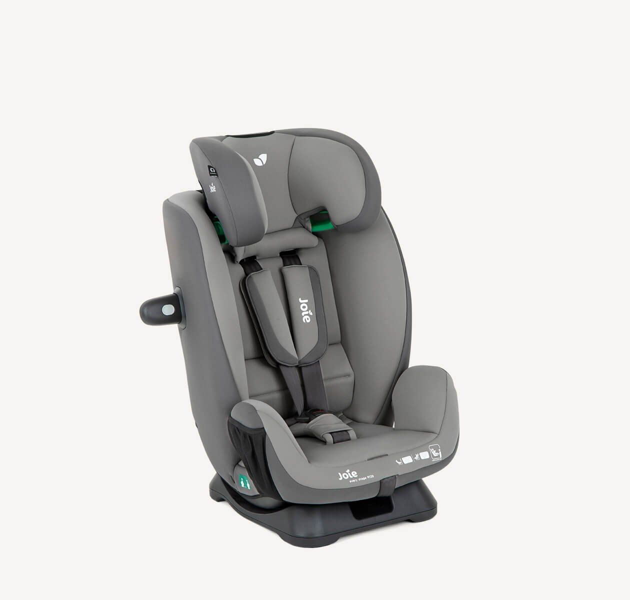 Siège Joie Every Stage R129 avec l'appui-tête relevé et le harnais en place