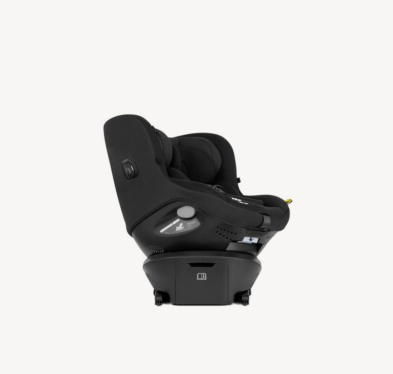 Siège Joie i-Spin Safe vu de profil, coque inclinée, sur sa base avec jambe de force