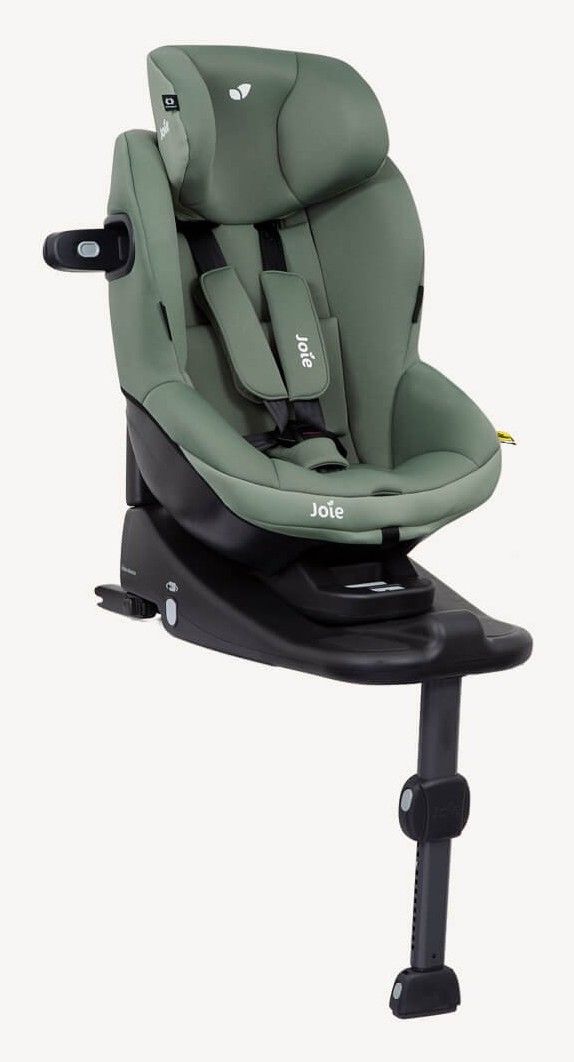 Siège auto bébé Joie i-Venture vu de trois quarts, sur sa base avec jambe de force