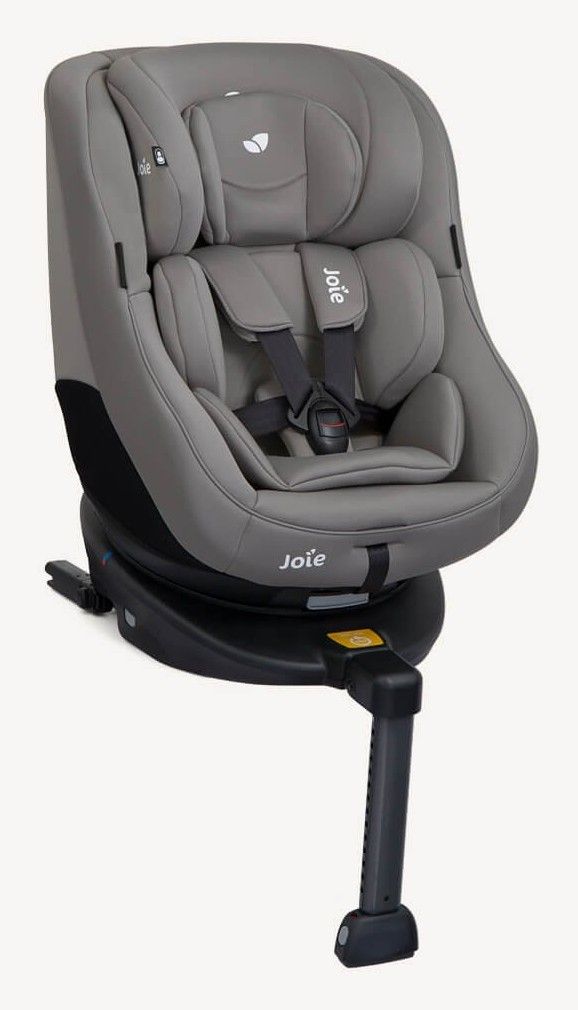Le siège Joie Spin 360 gris, vu de trois quarts sur sa base avec la jambe de force.