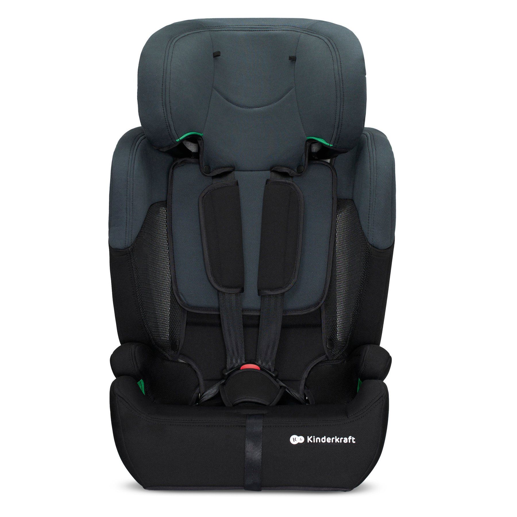 Siège Kinderkraft Comfort Up vu de face, avec son harnais à cinq points et son appui-tête haut.