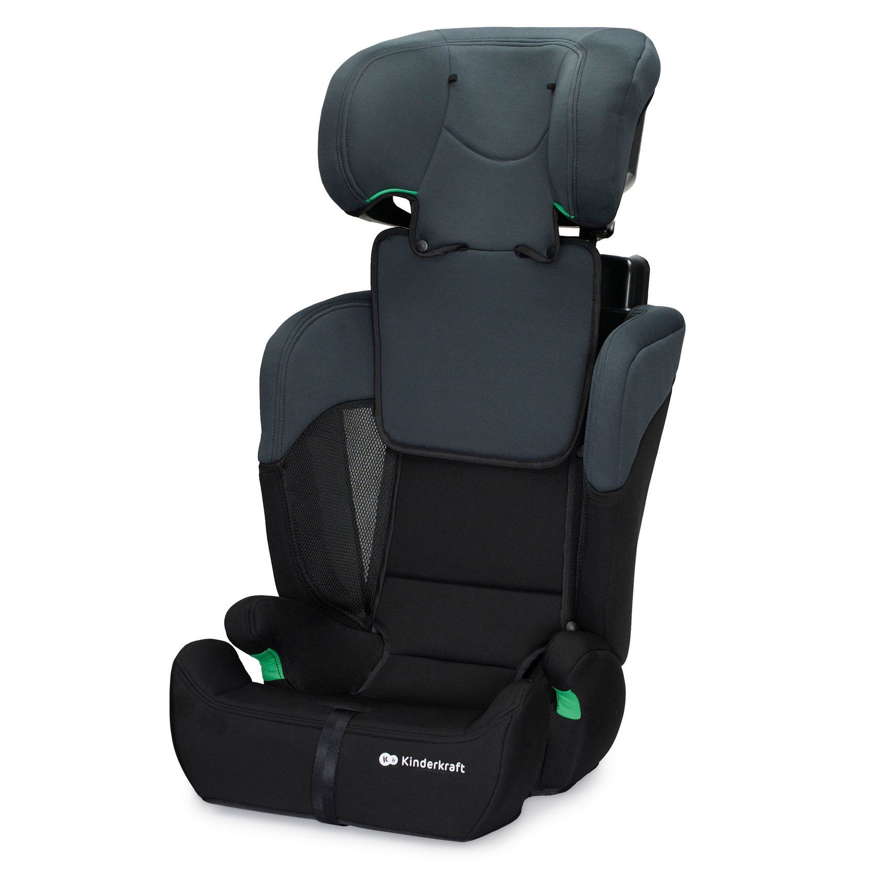 Siège Kinderkraft Comfort Up sans harnais, avec l'appui-tête relevé en position haute, en mode rehausseur avec dossier.