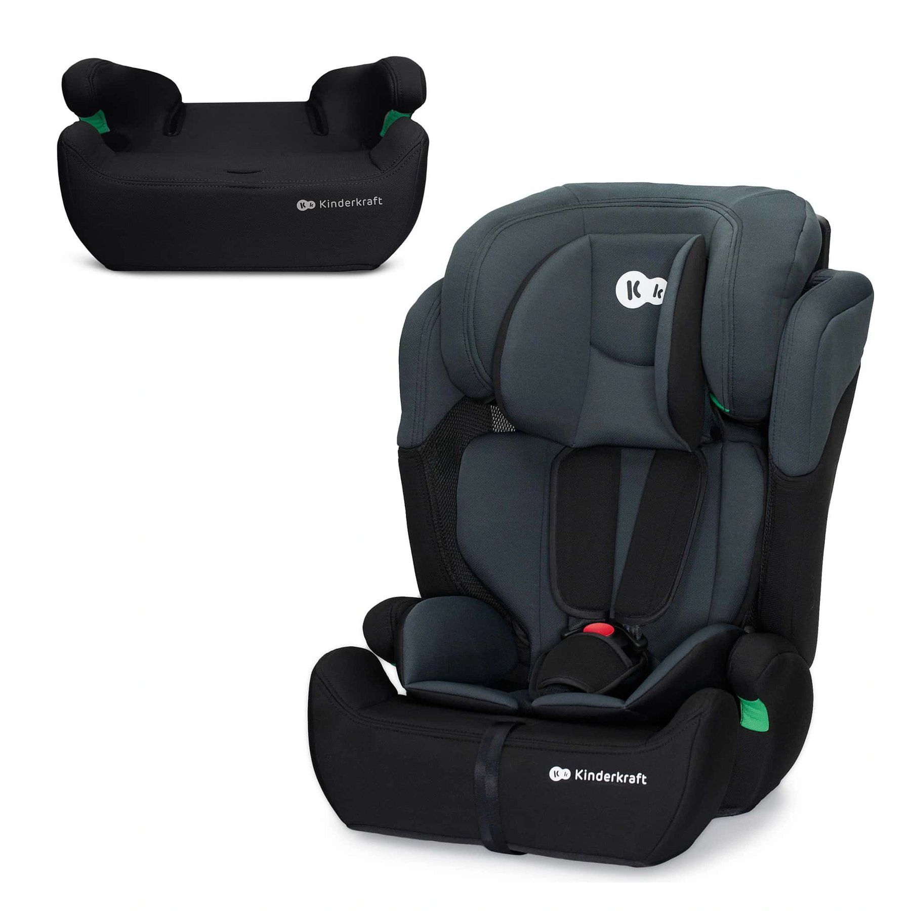 Siège Kinderkraft Comfort Up avec son harnais, et à côté l'assise seule utilisable en rehausseur.