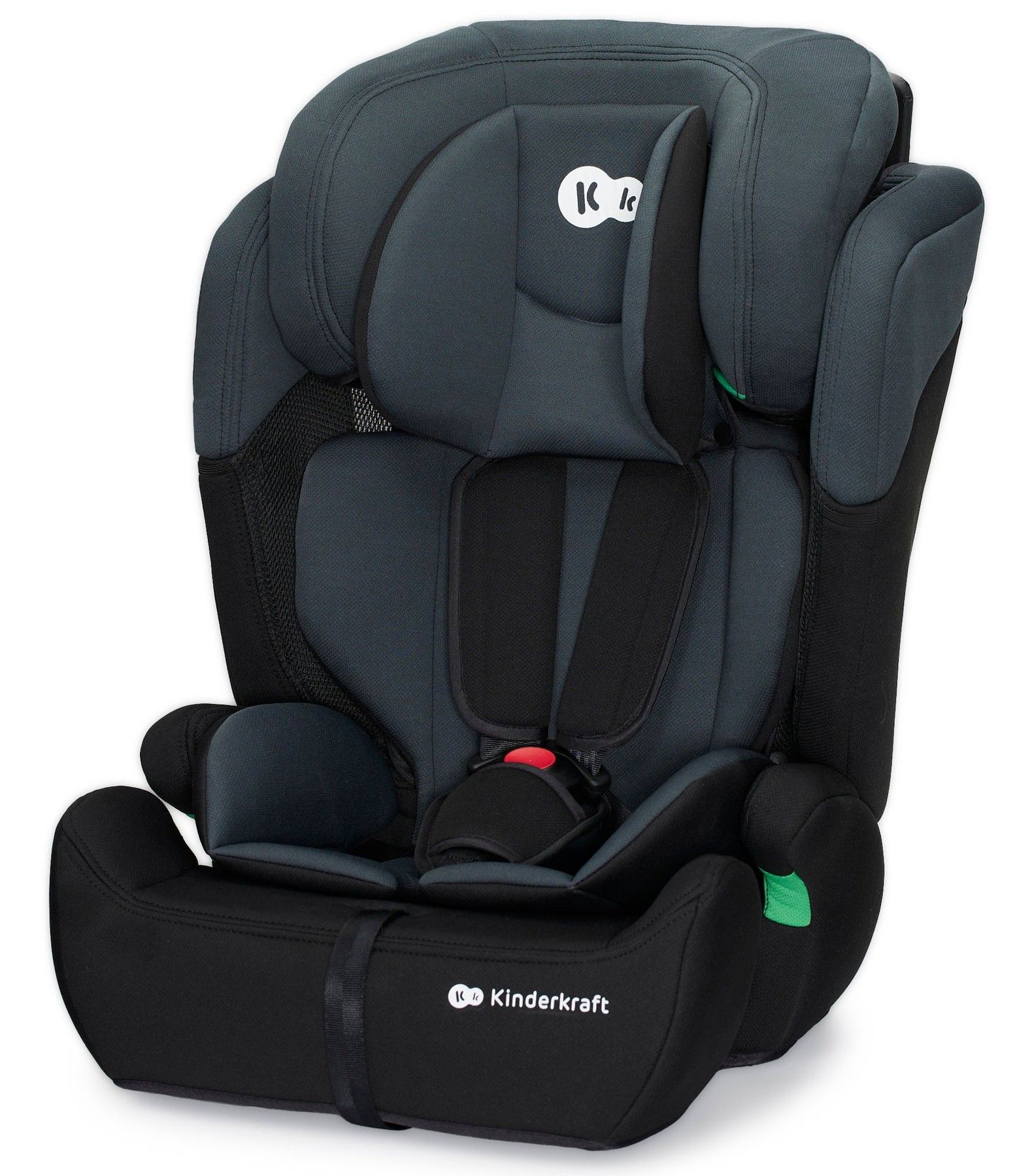 Siège auto évolutif Kinderkraft Comfort Up vu de trois quarts, noir et gris, avec son harnais, sur fond blanc.
