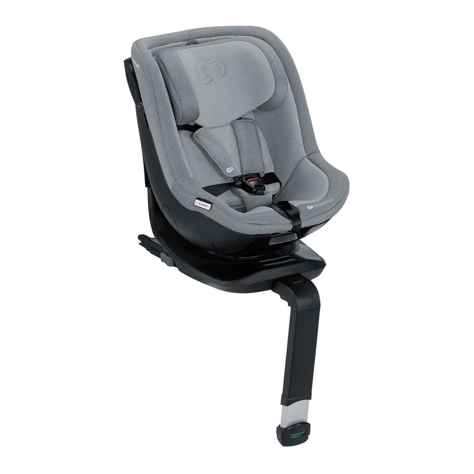 Siège Kinderkraft i-Guard gris vu de face, avec son harnais, sur sa base avec jambe de force.