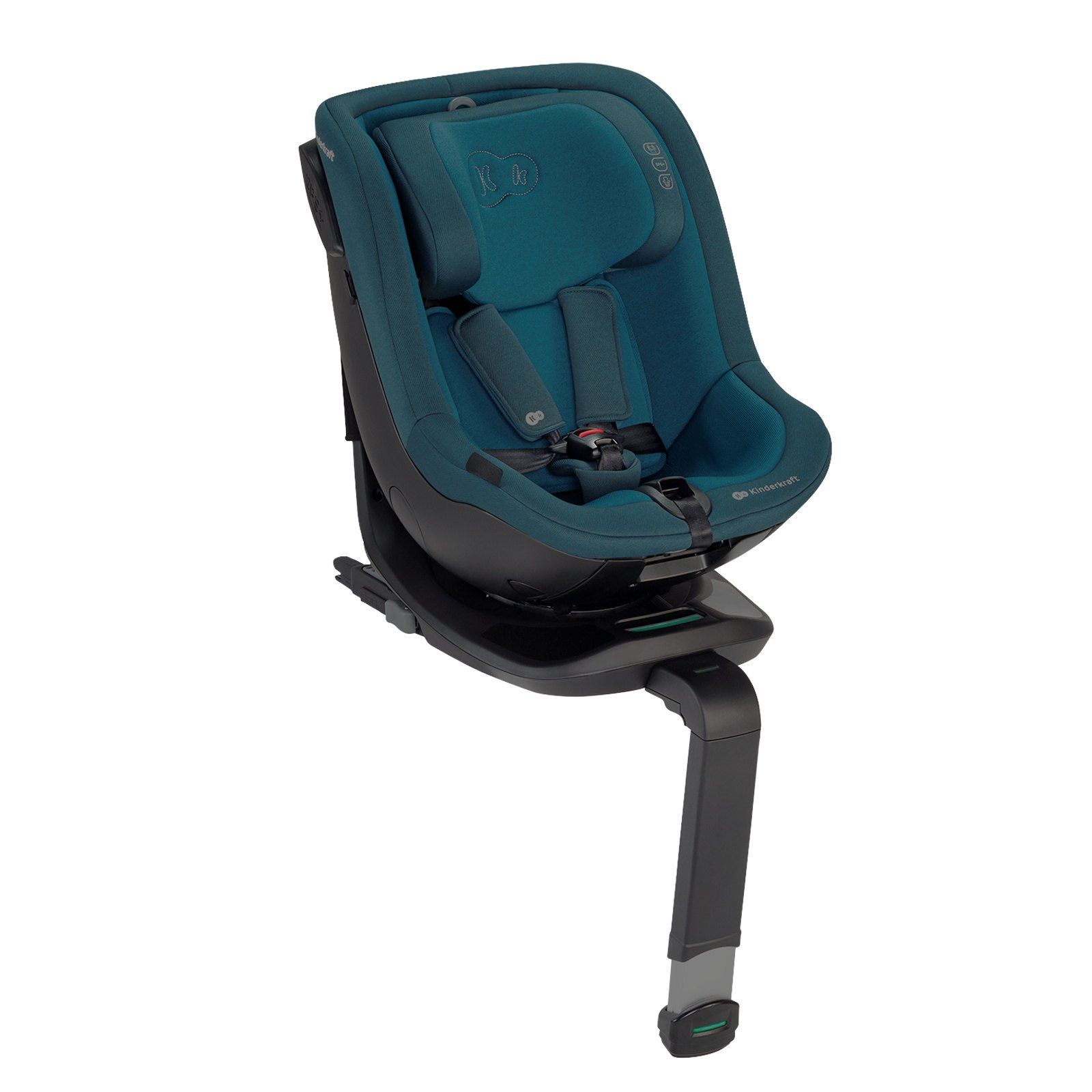 Siège Kinderkraft i-Guard bleu-vert vu de face, avec son harnais, sur sa base avec jambe de force.