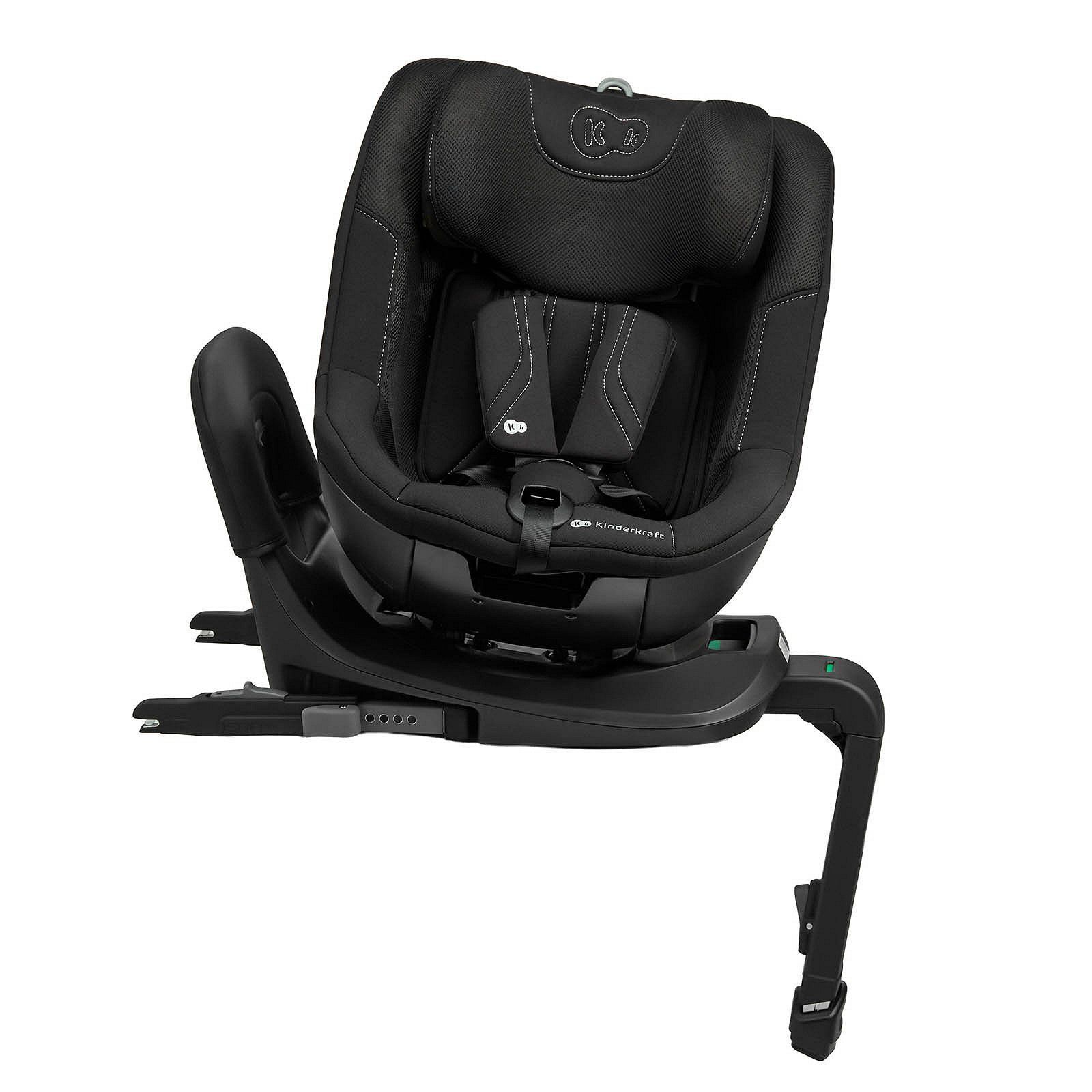 Siège Kinderkraft i-Guard Pro noir vu de trois quarts, tourné vers le côté, avec sa base à jambe de force.