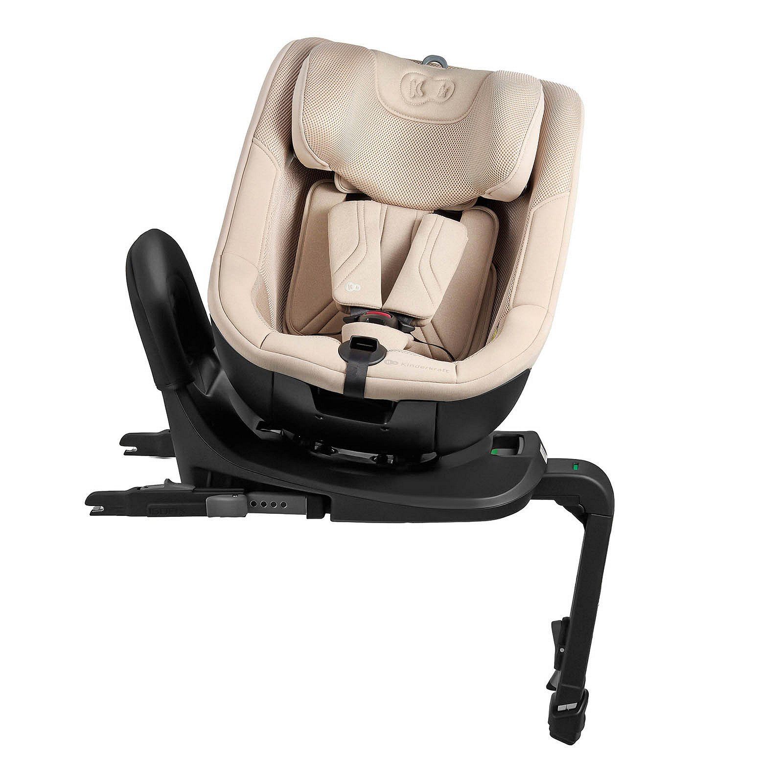Siège Kinderkraft i-Guard Pro beige vu de trois quarts, avec son harnais et sa base à jambe de force.