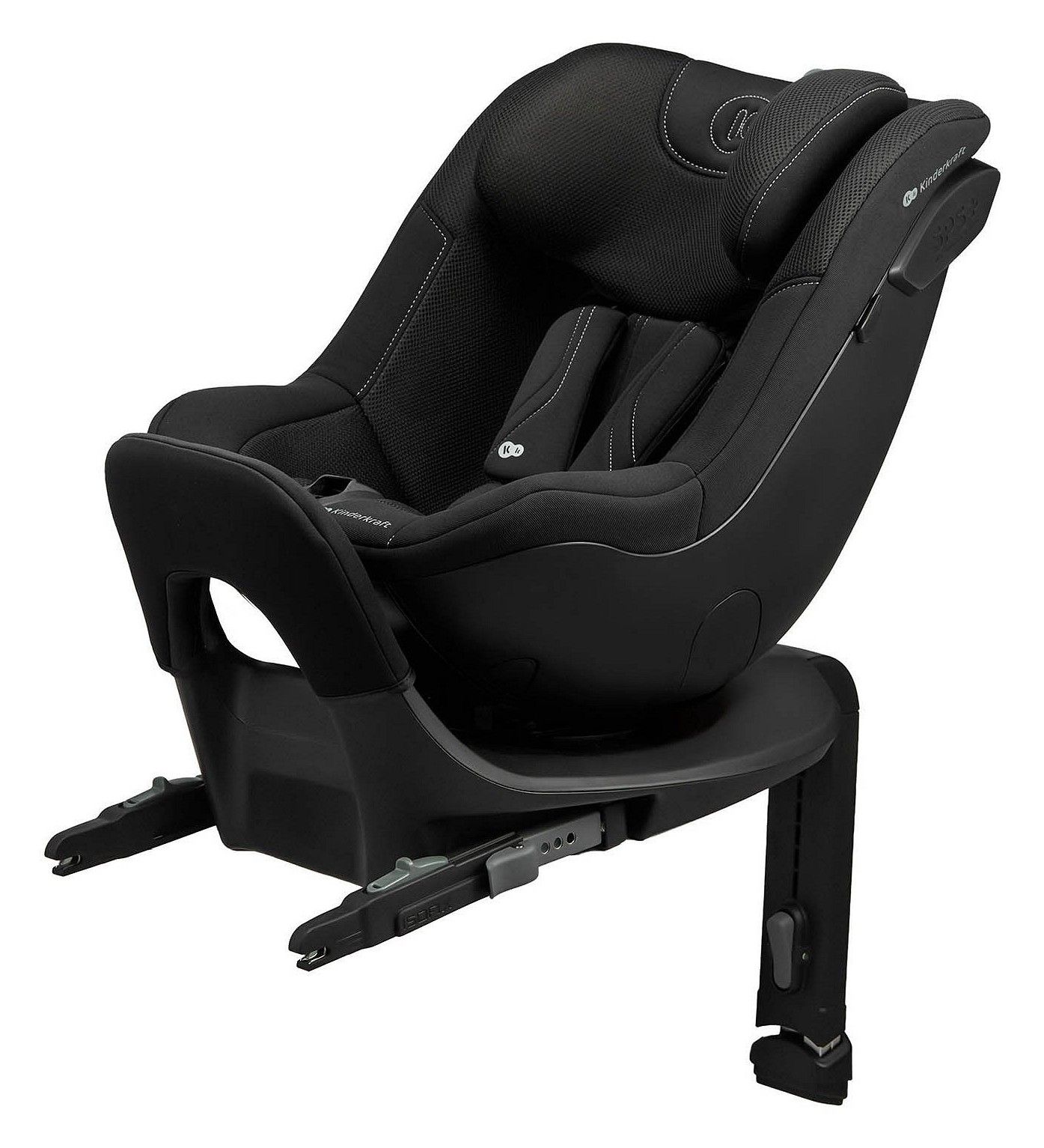 Siège auto pivotant Kinderkraft i-Guard Pro noir vu de trois quarts, avec sa jambe de force, sur fond blanc.